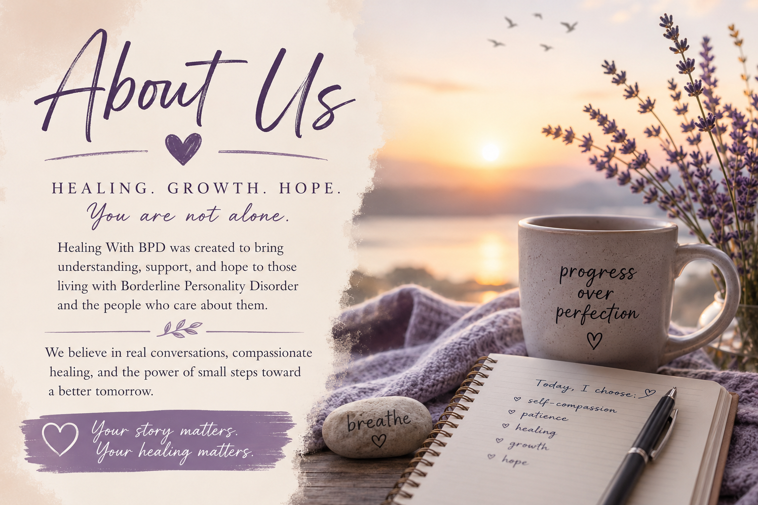 A promotional graphic for Healing With BPD featuring a peaceful outdoor scene with a purple lavender flower bouquet, a mug with the phrase "progress over perfection", a notepad with handwritten affirmations, a pen, a small stone with "breathe" written on it, and a sunset background with birds flying.