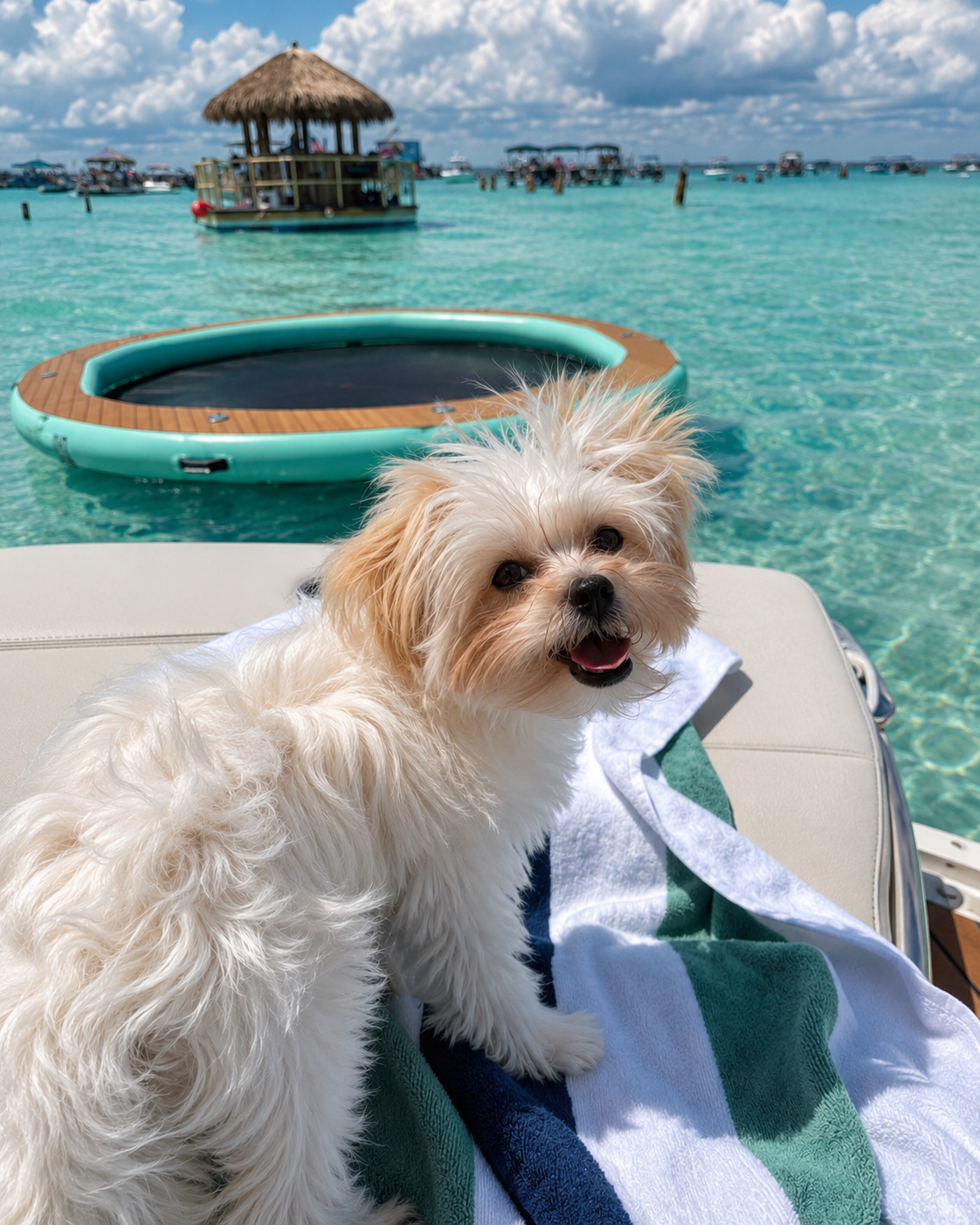 A small, fluffy dog with light-colored fur sitting on a boat seat by the water, with boats and a thatched hut in the background on the ocean.
