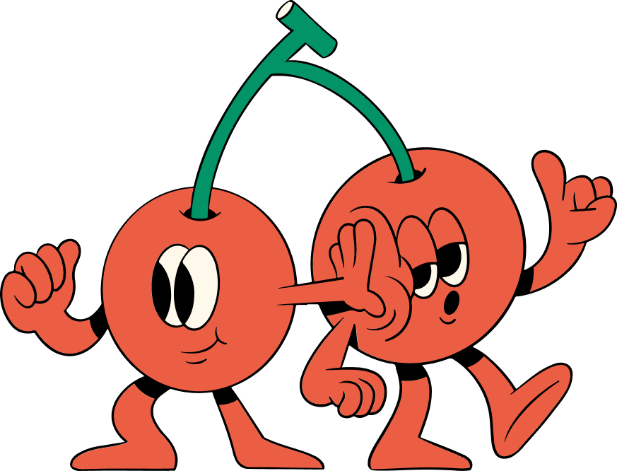 Two anthropomorphic cherries with faces and limbs, one whispering into the other's ear, both with expressive eyes and gestures.