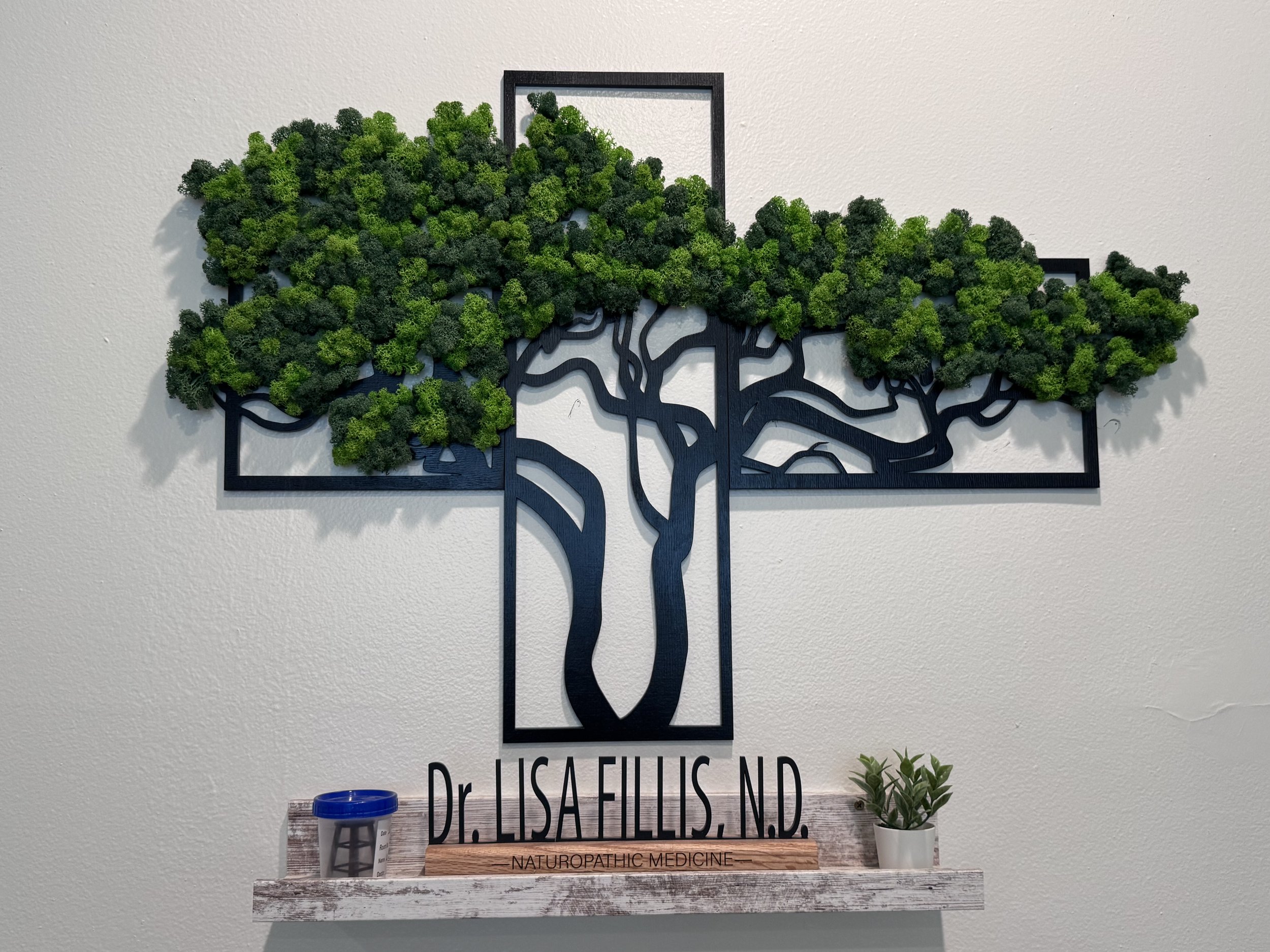 A decorative wall art piece featuring a black metal tree with lush green moss foliage on a white wall. Underneath is a small wooden sign reading 'NATUROPATHIC MEDICINE' and the name 'Dr. LISA FEI, ND.' with two small potted plants and a container on a distressed wooden shelf.