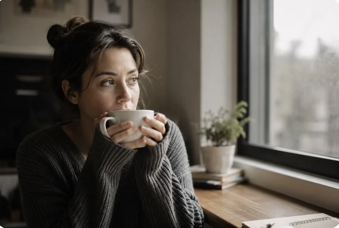 A woman with dark hair in a messy bun, wearing a gray sweater, drinking tea and looking out a window.