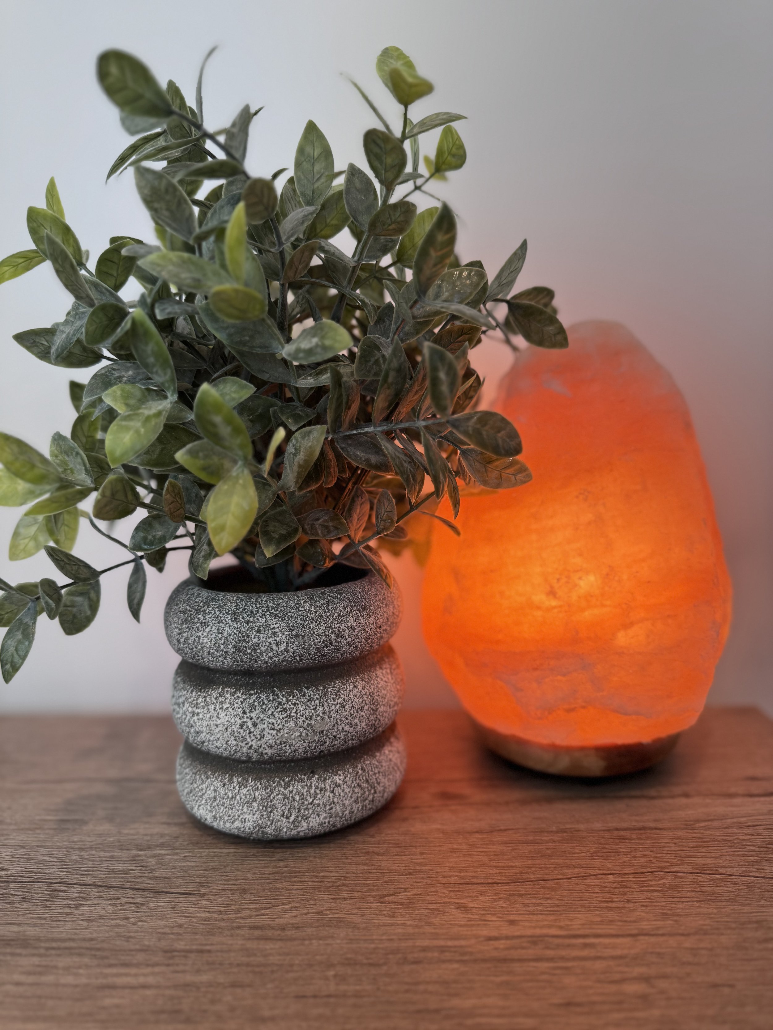 A potted green leafy plant in a textured gray stone pot, with stacked stones underneath, next to an orange Himalayan salt lamp on a wooden surface.