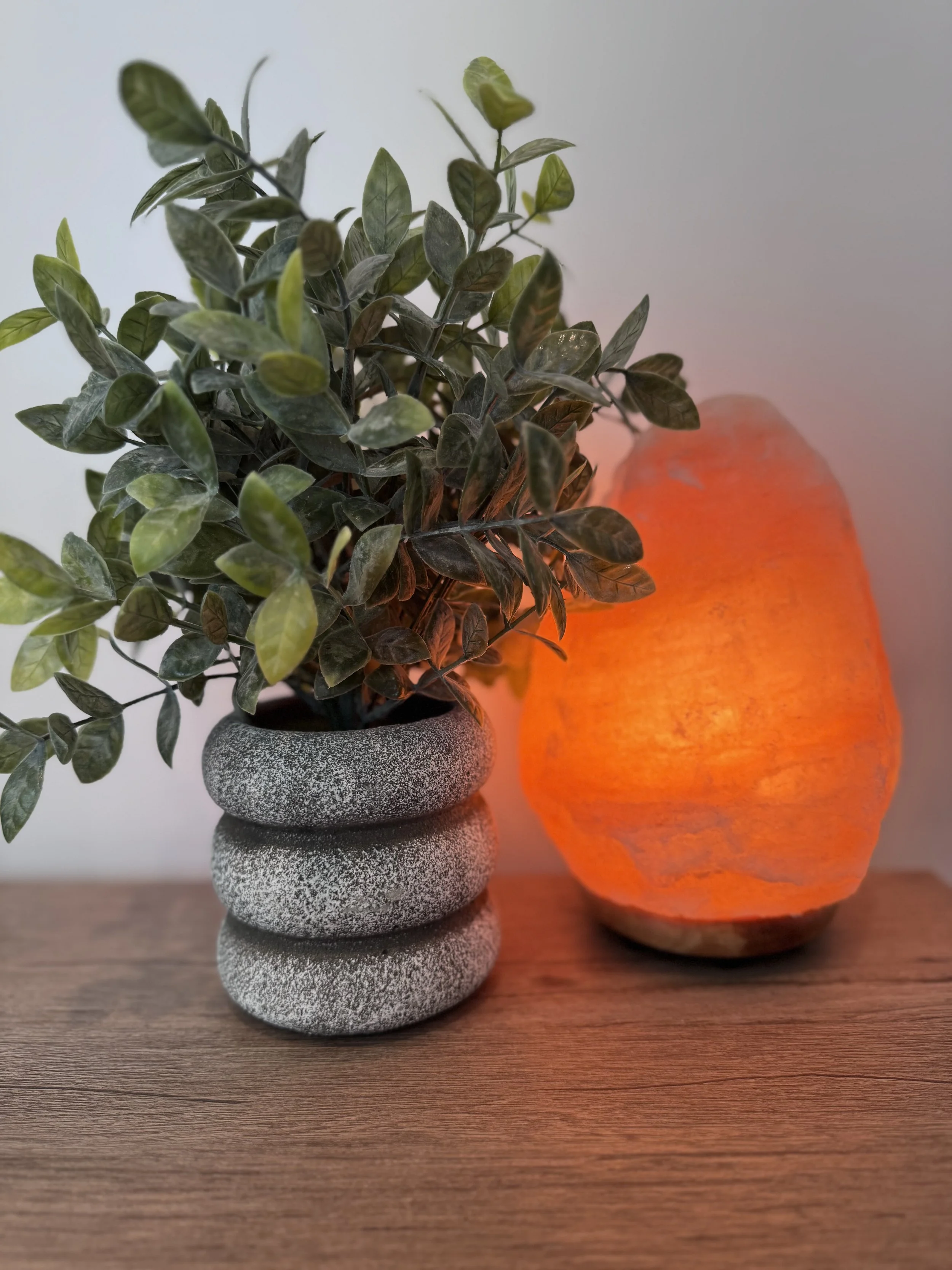 A potted plant with green leaves in a textured gray ceramic vase, positioned next to a glowing orange salt lamp on a wooden surface.