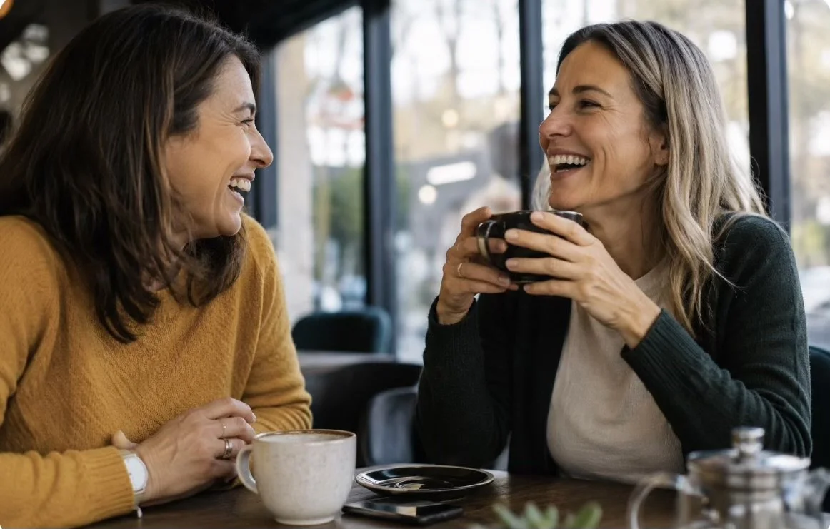 Two women laughing and enjoying coffee inside a cafe.
