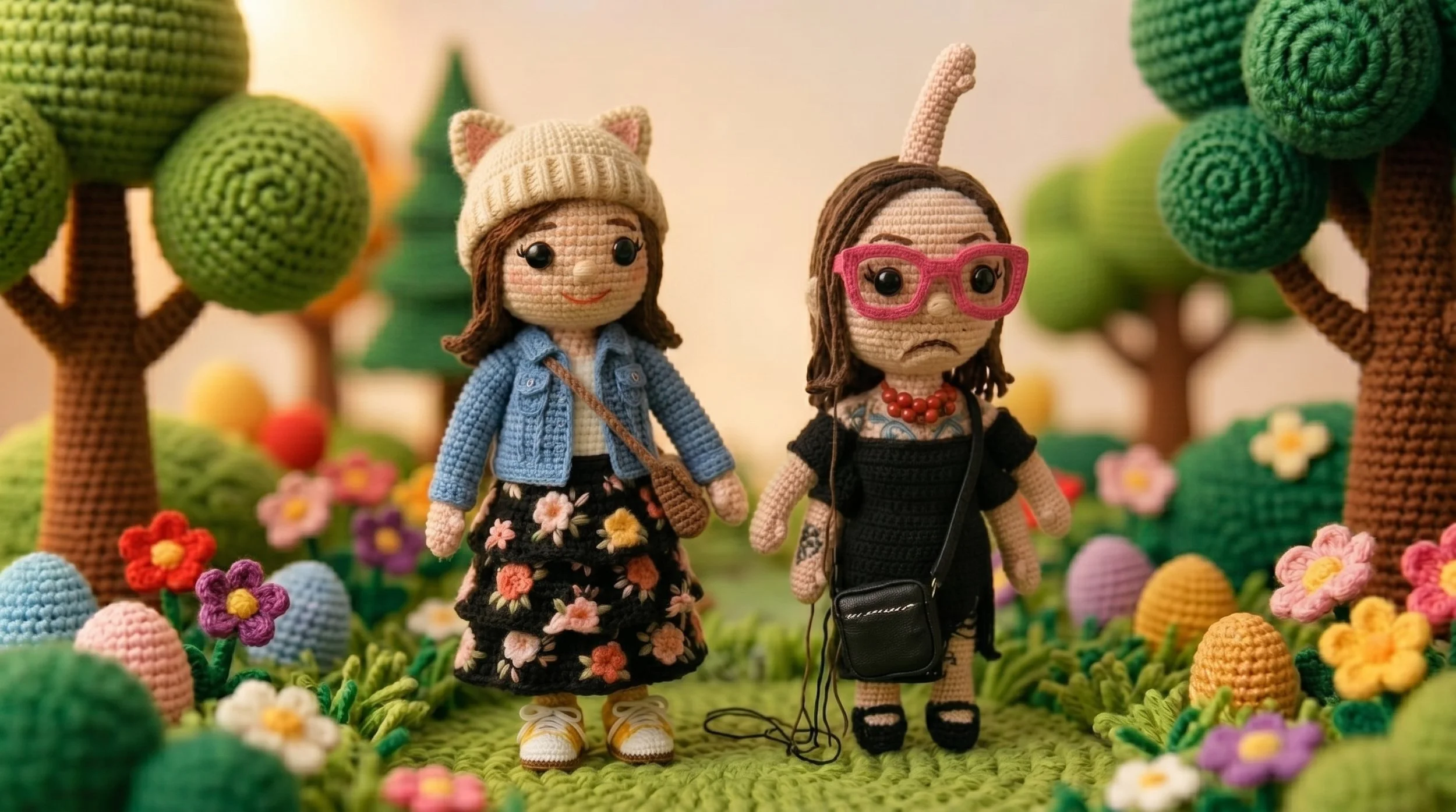 Two handmade crochet dolls standing outdoors among colorful crochet trees and flowers. One doll is wearing a cat hat, a blue jacket, a floral skirt, and sneakers. The other doll is wearing pink glasses, a black dress, and headphones, with a camera strap around her neck.