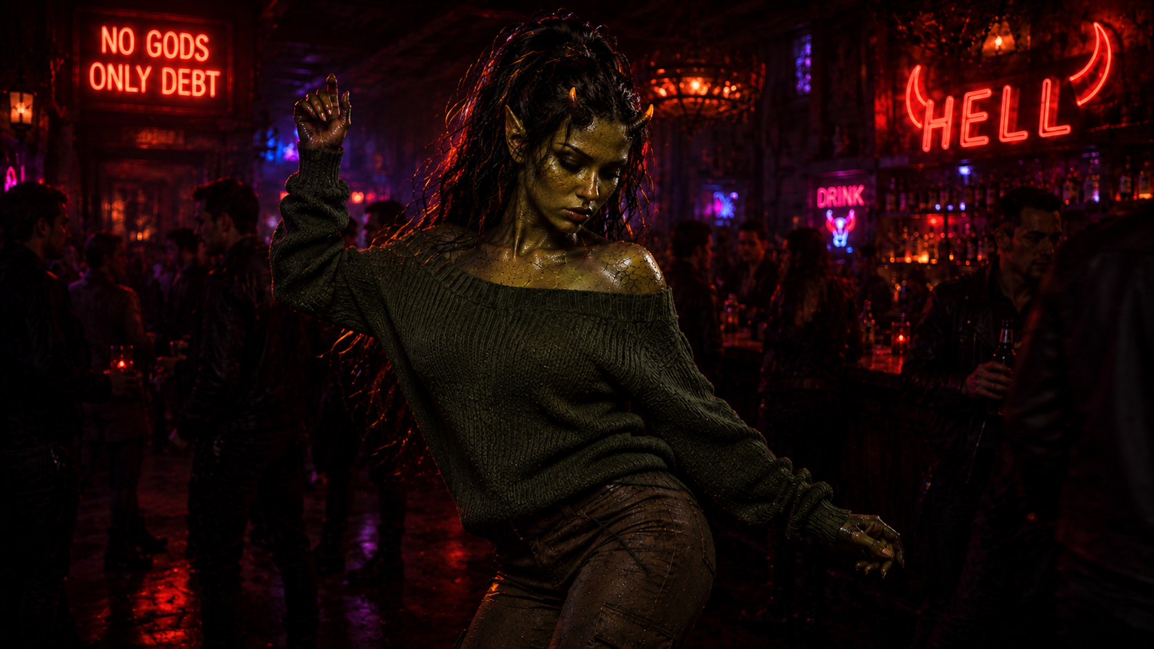 A woman with devil horns and gold makeup dancing in a dimly lit bar with neon signs, including 'NO GODS ONLY DEBT,' 'HELL,' and 'DRINK.' The bar is crowded with patrons.