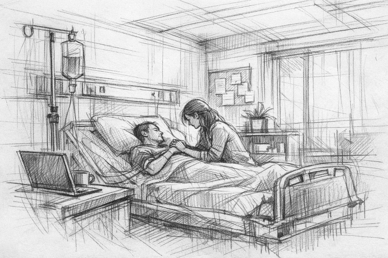 A sketch of a woman sitting beside an elderly man lying in a hospital bed, holding his hand in a hospital room with medical equipment and a bulletin board in the background.