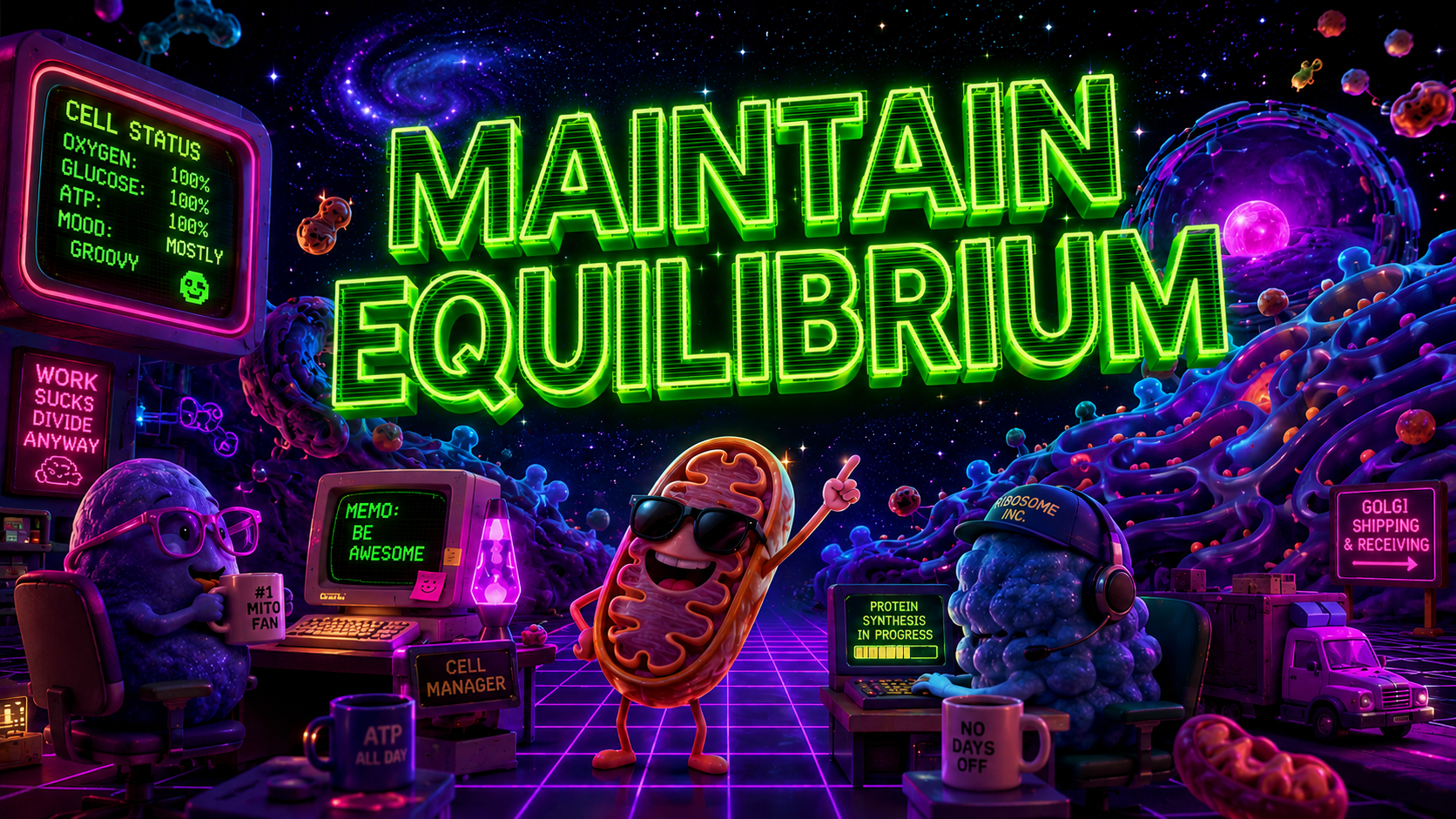 Colorful digital illustration of a futuristic workspace with cartoon bacteria characters working on maintaining cellular balance in space. The background features stars and galaxies, with neon signs saying 'Mainain Equilibrium' and various humorous messages on screens and signs.
