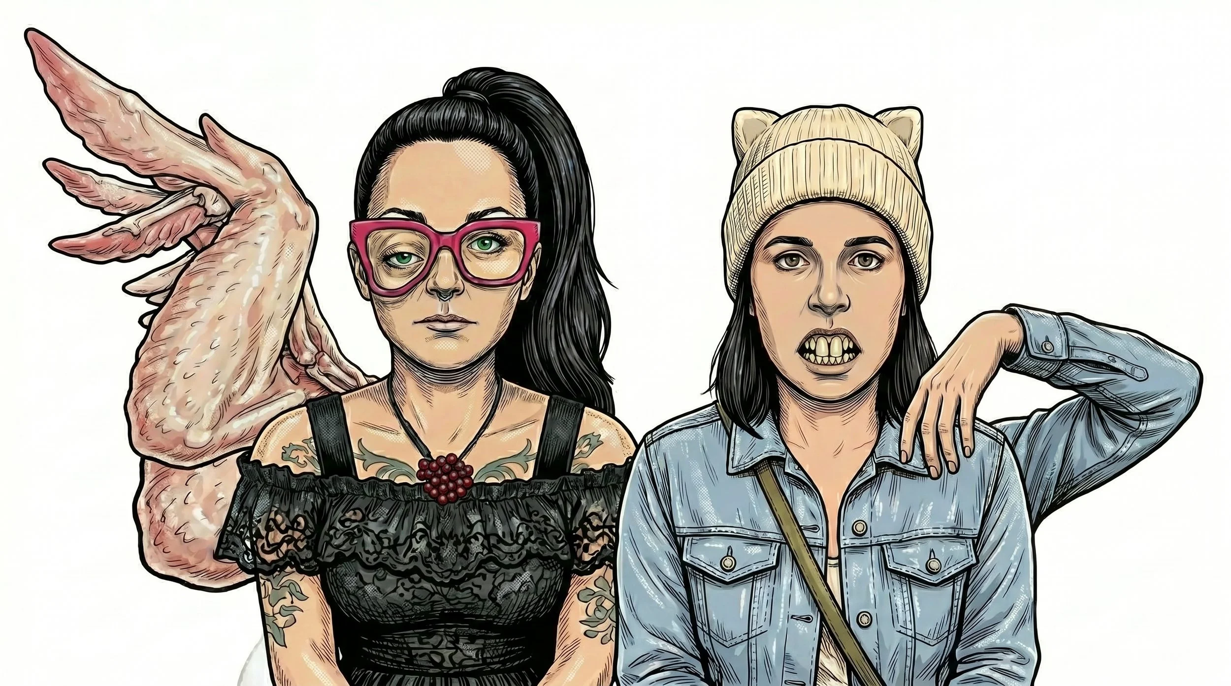 Two women with alternative fashion styles posing with expressive gestures. One has tattoos, large pink glasses, and a black lace top, while the other wears a beige knit hat and a denim jacket.
