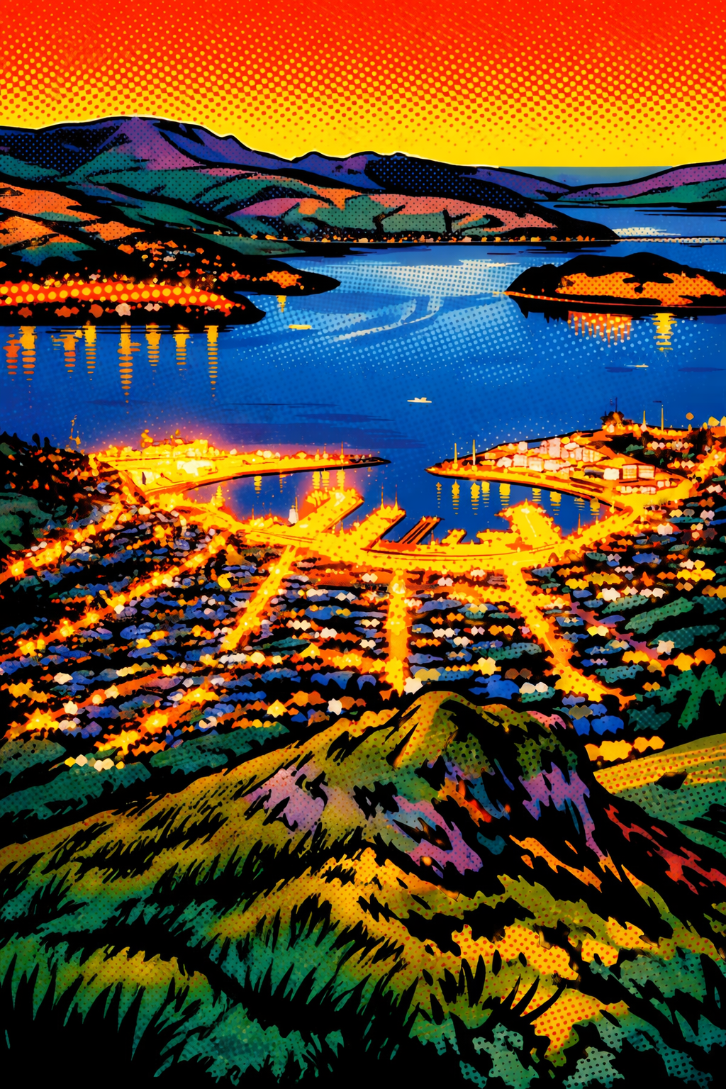 Stylized digital illustration of a coastal city at sunset, featuring mountains, water, and illuminated streets and buildings.