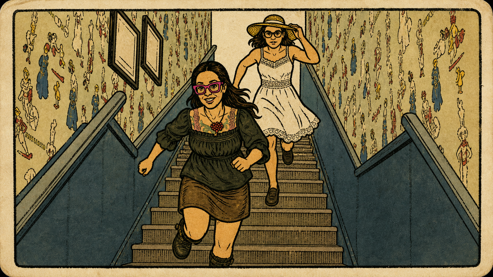Two women running up a staircase in an art style comic or vintage poster, with one wearing a black dress and pink glasses, the other in a white dress and straw hat, against a wallpapered wall with small figures.