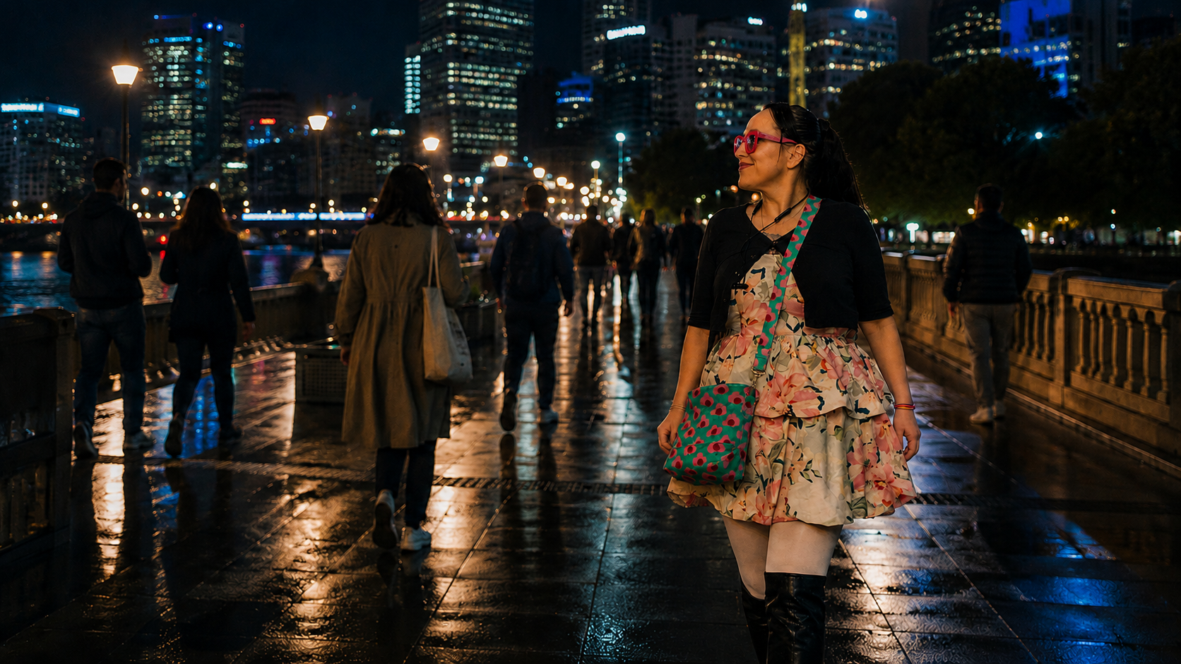 A woman in a colorful dress with a floral pattern, wearing pink sunglasses, walking along a city's waterfront promenade at night, illuminated by streetlights and skyscraper lights, with other pedestrians around.