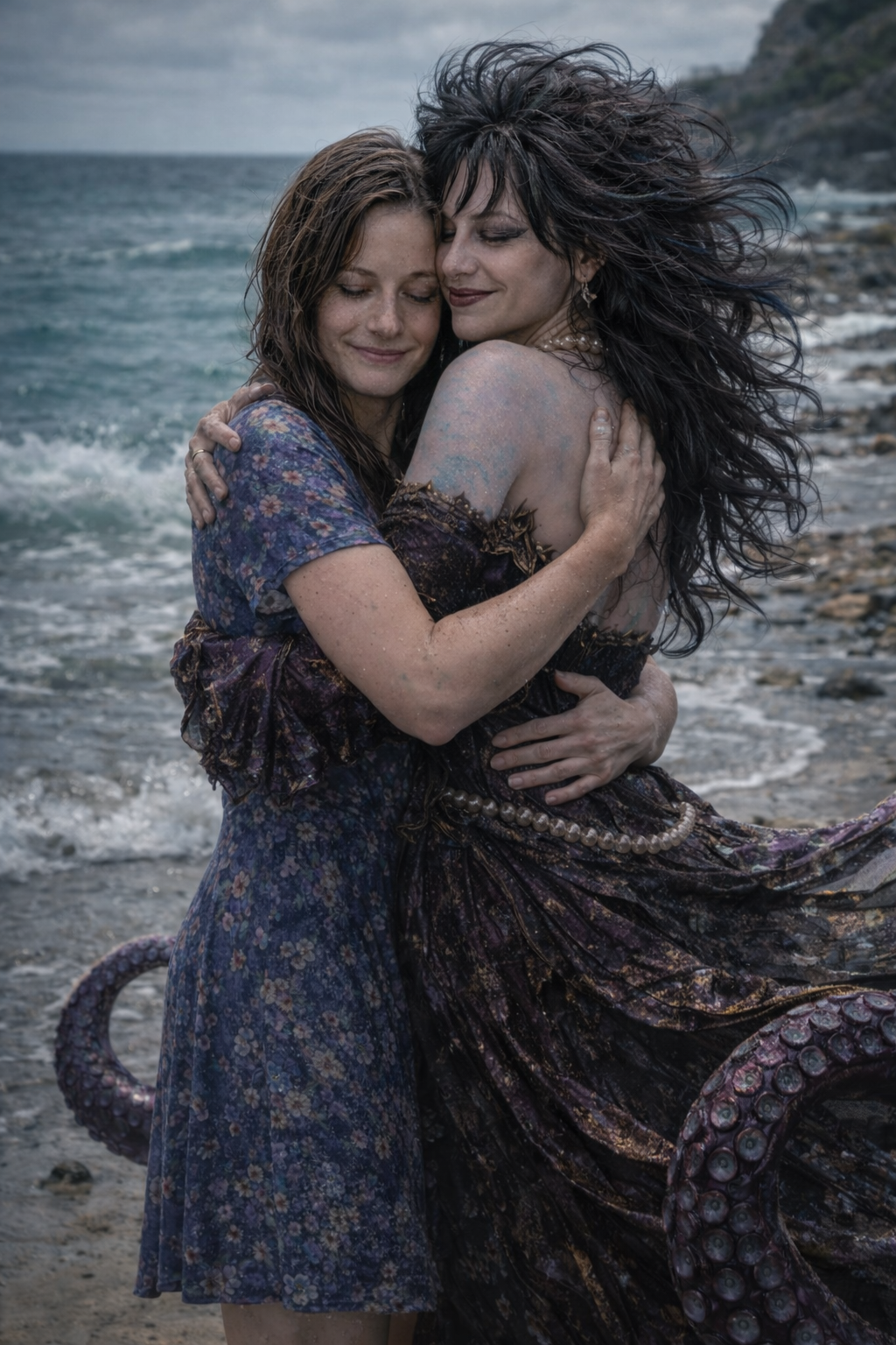 Two women embracing on a rocky beach with ocean waves and cliffs in the background, one with curly dark hair and the other with straight brown hair, both appearing happy and close.