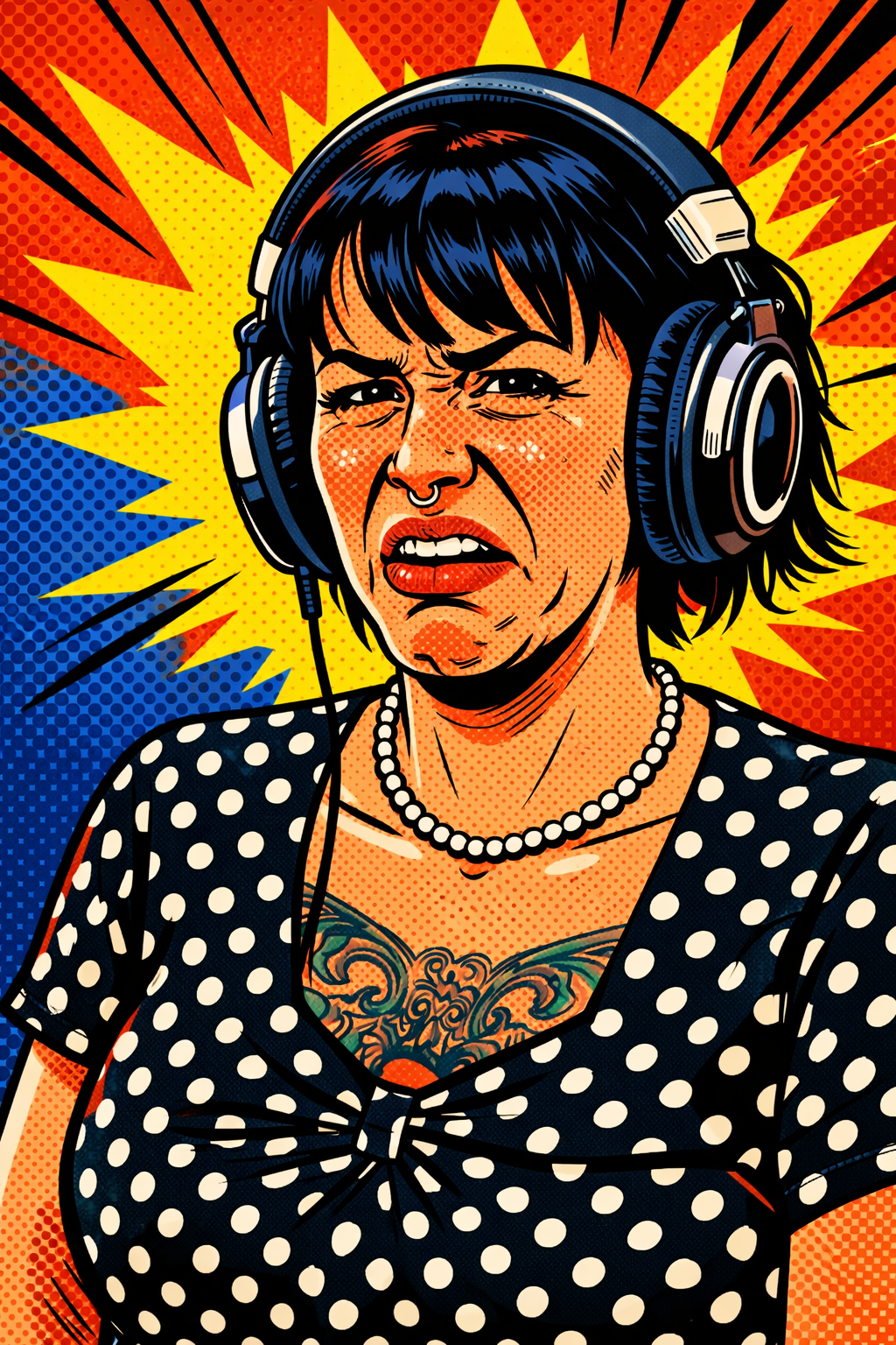 Pop art style illustration of a woman with black hair and a nose ring, wearing headphones, a pearl necklace, a polka dot dress, and a colorful chest tattoo, expressing annoyance or disgust.