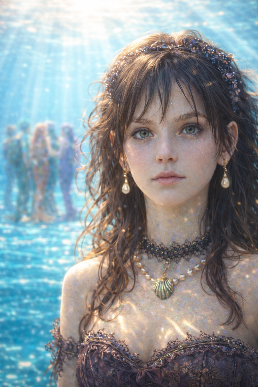 A woman underwater with sea-themed jewelry, wearing a lace dress, with light rays shining down from above, and a blurred group of mannequins or statues in the background.