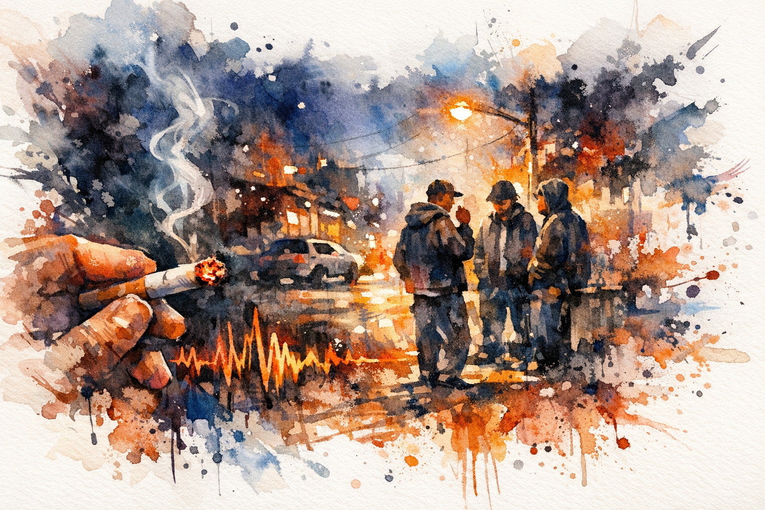 A watercolor-style painting depicts four people wearing hooded jackets standing on a street at dusk, surrounded by trees, parked cars, and streetlights. A large hand holding a lit cigarette with smoke, a heartbeat line, and a burst of color are also incorporated into the scene.