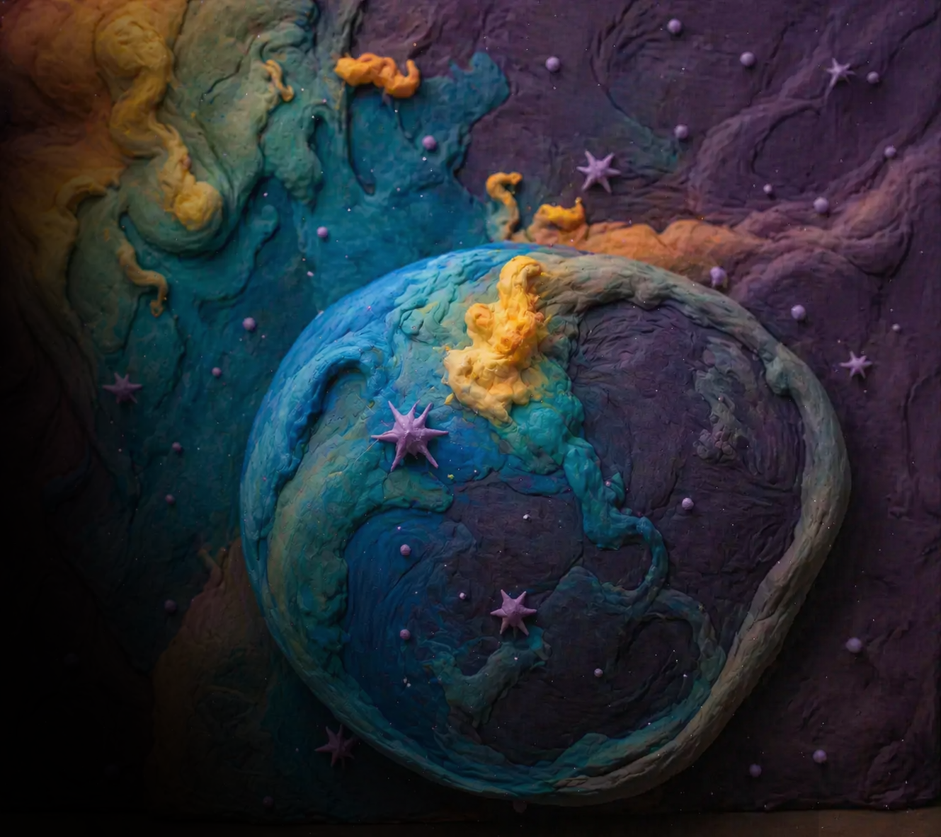 A colorful abstract painting of a planet with swirling patterns and star shapes, featuring shades of blue, purple, yellow, and green.