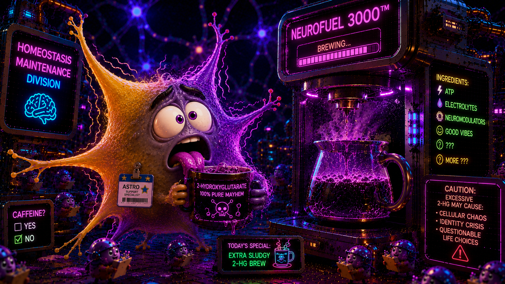 A cartoon-style illustration of a purple, distressed neuron holding a mug labeled '2-Hydroxyglutarate 100% Pure Mayhem,' surrounded by futuristic neon signs and screens about brain support and neurofuel brewing, with small purple neurons using mobile devices in the background.