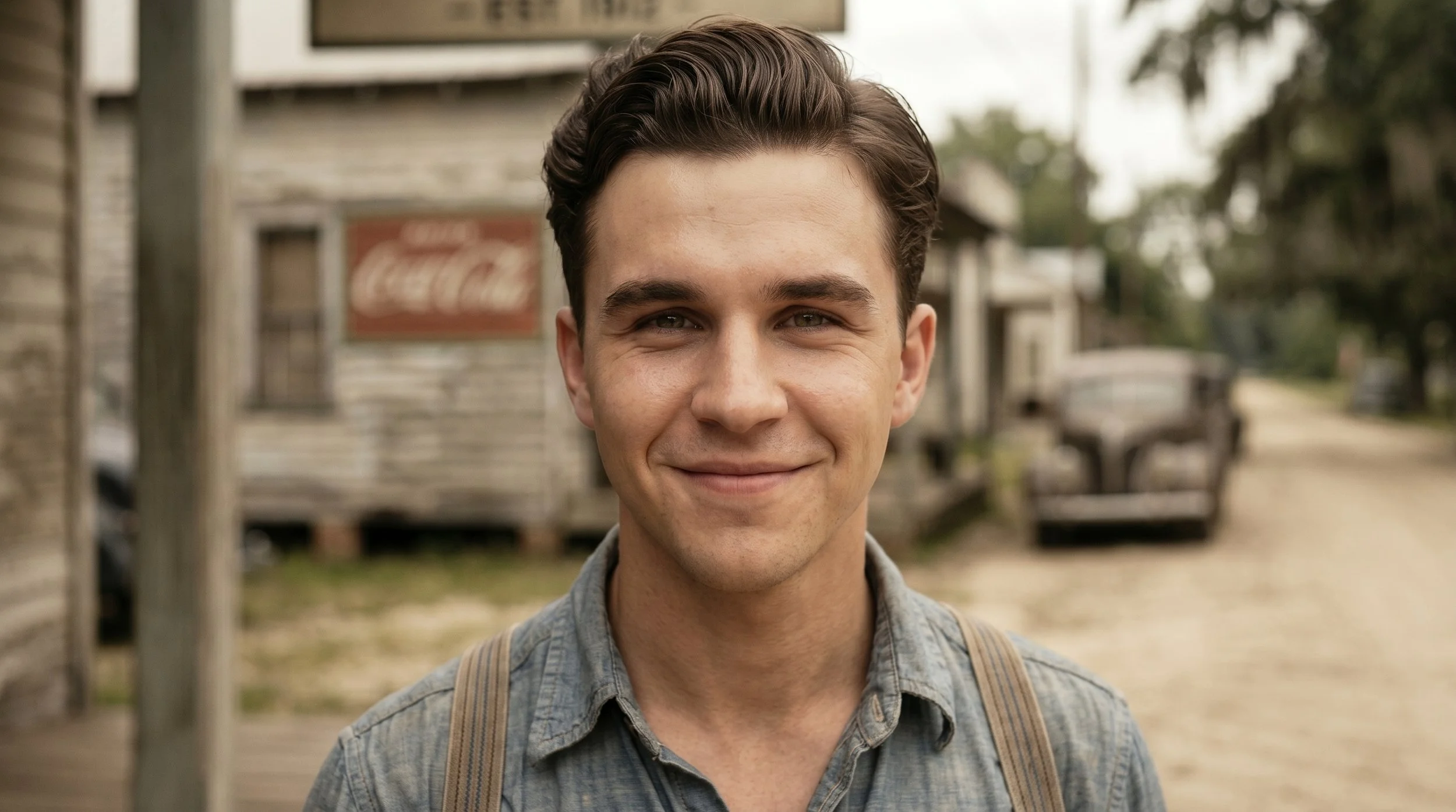 A young man with dark hair and a slight smile, standing outside with old wooden buildings and a dirt street in the background.