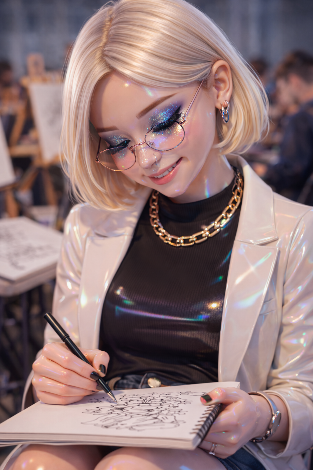 A young woman with blonde hair and glasses, wearing a shiny blazer and a black top, is drawing in a sketchbook at an art event or classroom.