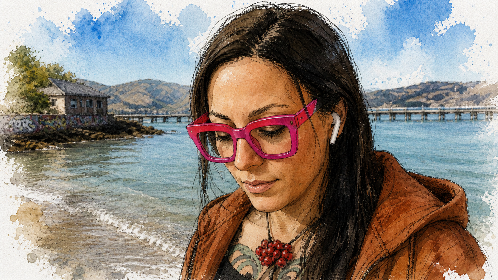 A digital painting of a woman with long dark hair, wearing large pink glasses, a necklace with red beads, and white earbuds, standing by a body of water with mountains, a bridge, and an old building in the background.