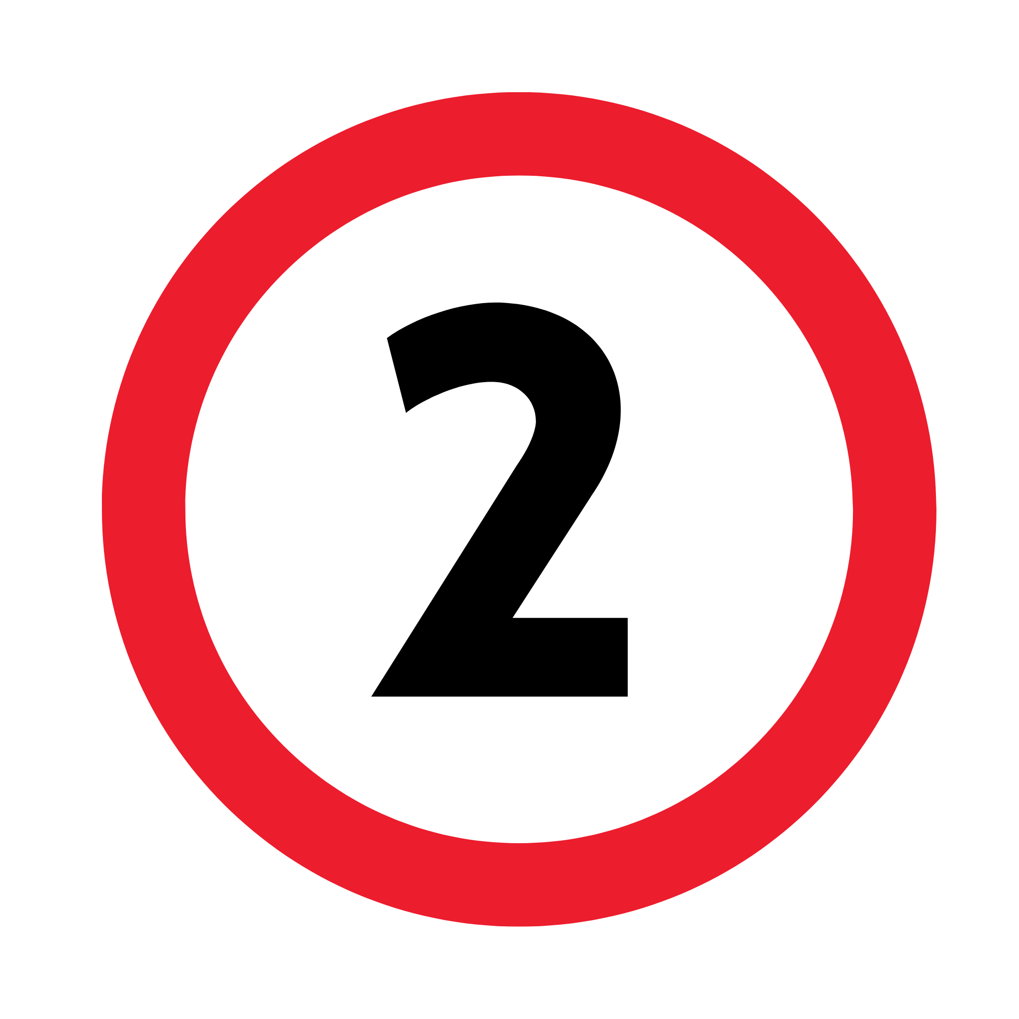 Speed limit sign with a large black number 2 enclosed in a red circle.