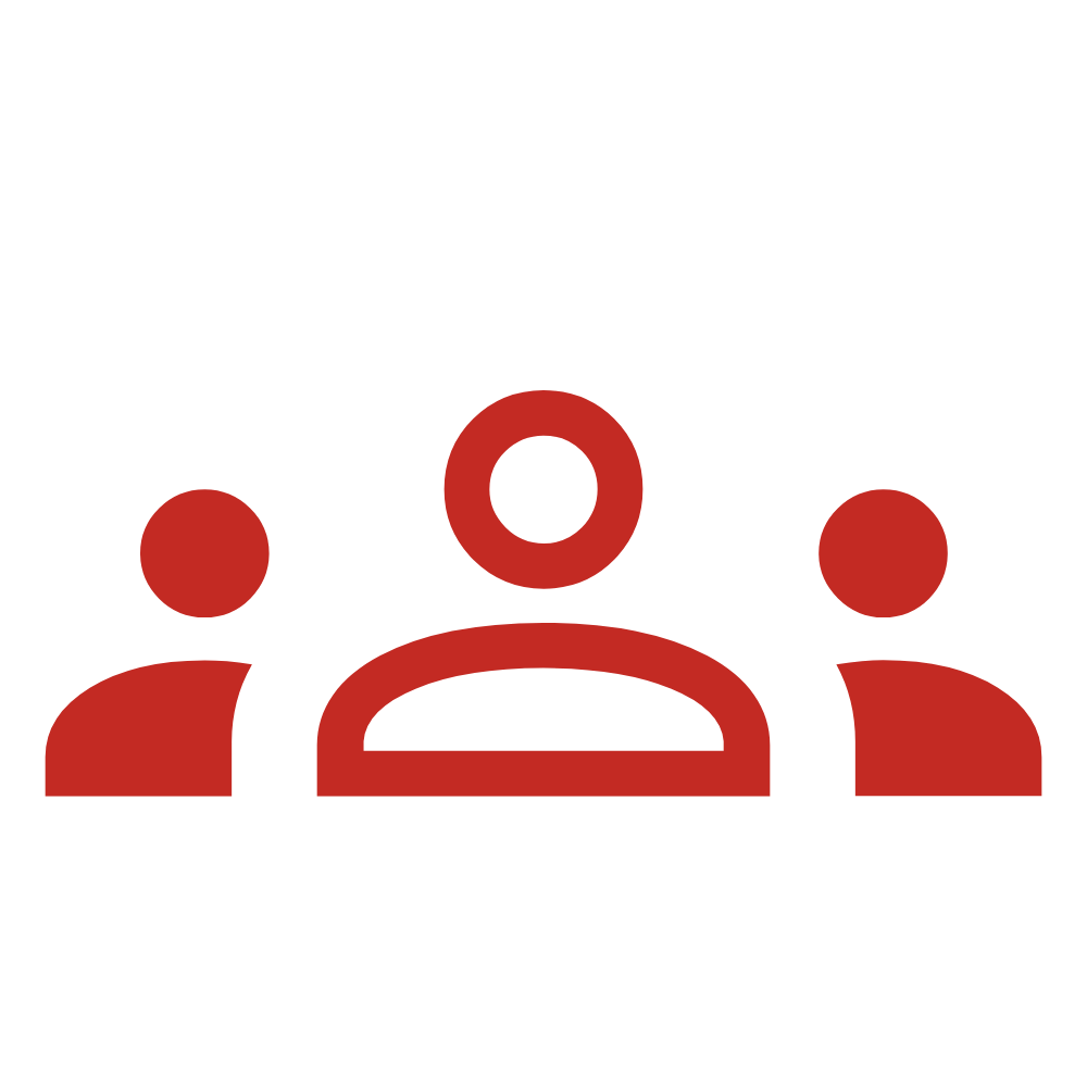 Icon of three people, with the central figure in red and larger, symbolizing a group or community.