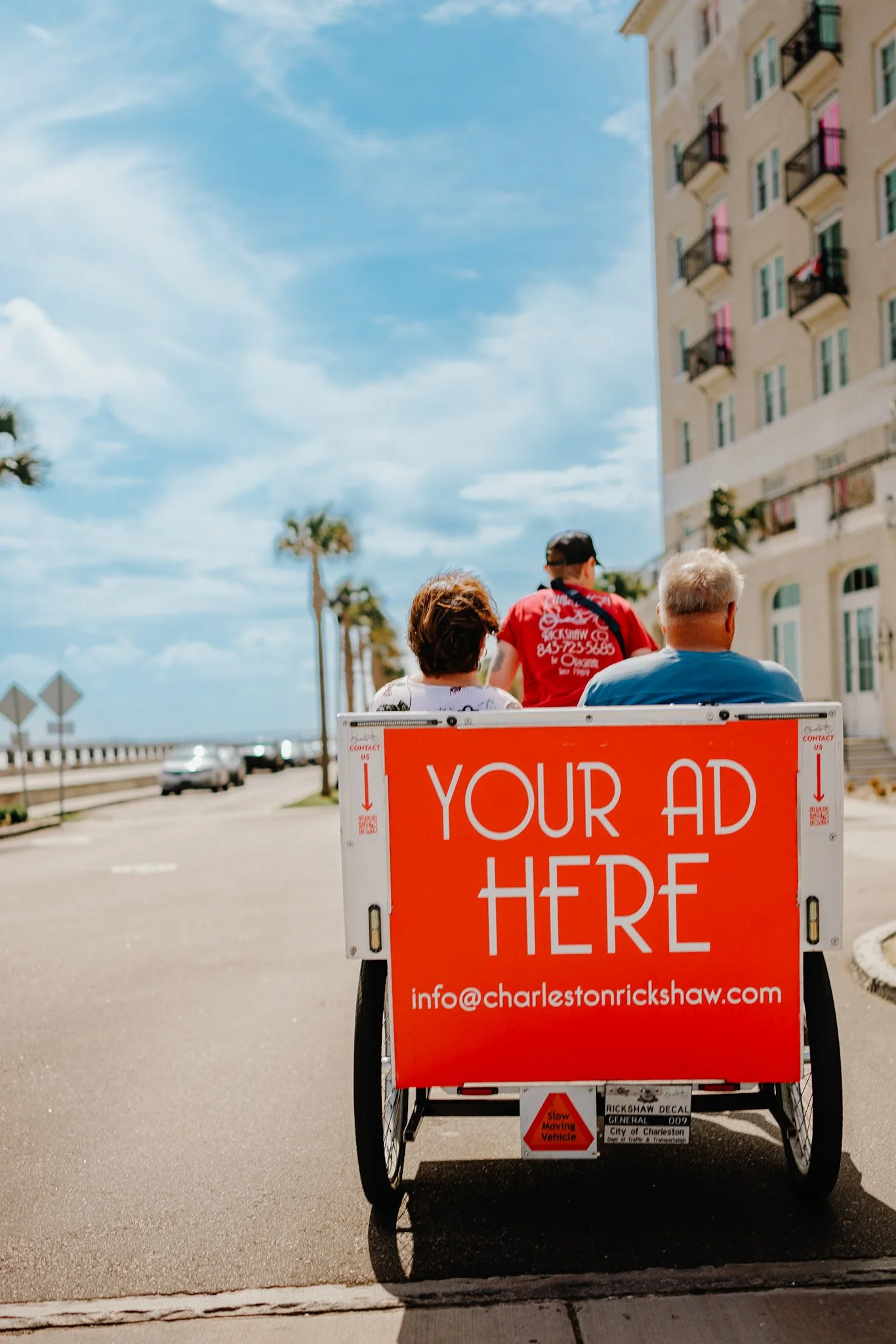 Charleston Rickshaw advertising bike with open ad space available in downtown Charleston