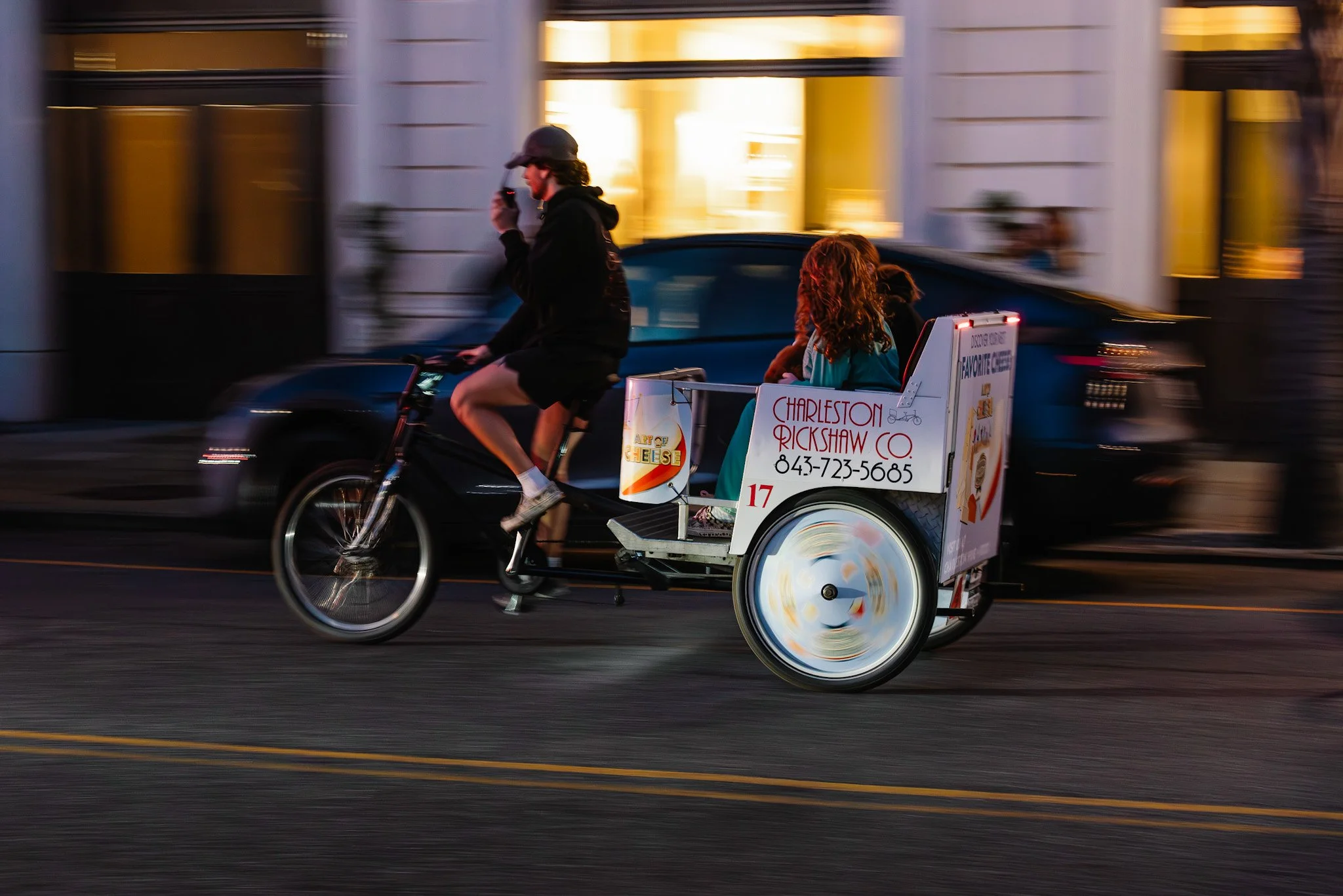 Charleston Rickshaw evening bike taxi ride through downtown Charleston at dusk