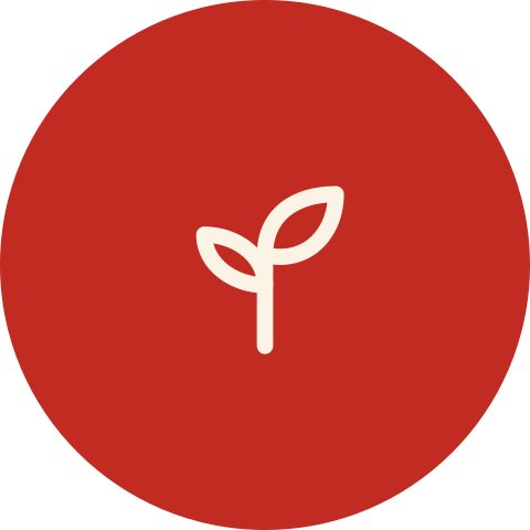 A white sprout icon with two leaves on a red circular background.