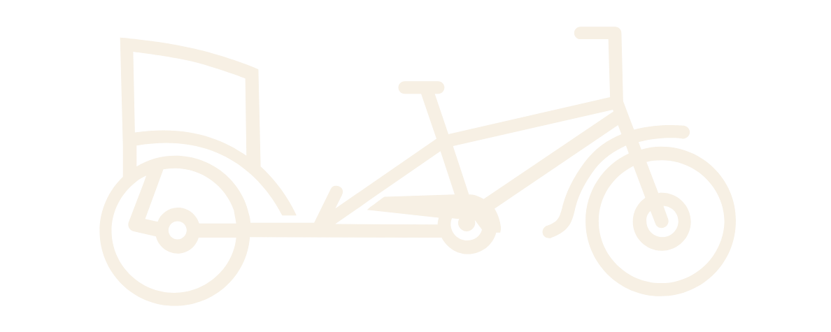 Line drawing of a sidecar bicycle with a curved frame and a front wheel larger than the rear wheel, set against a black background.