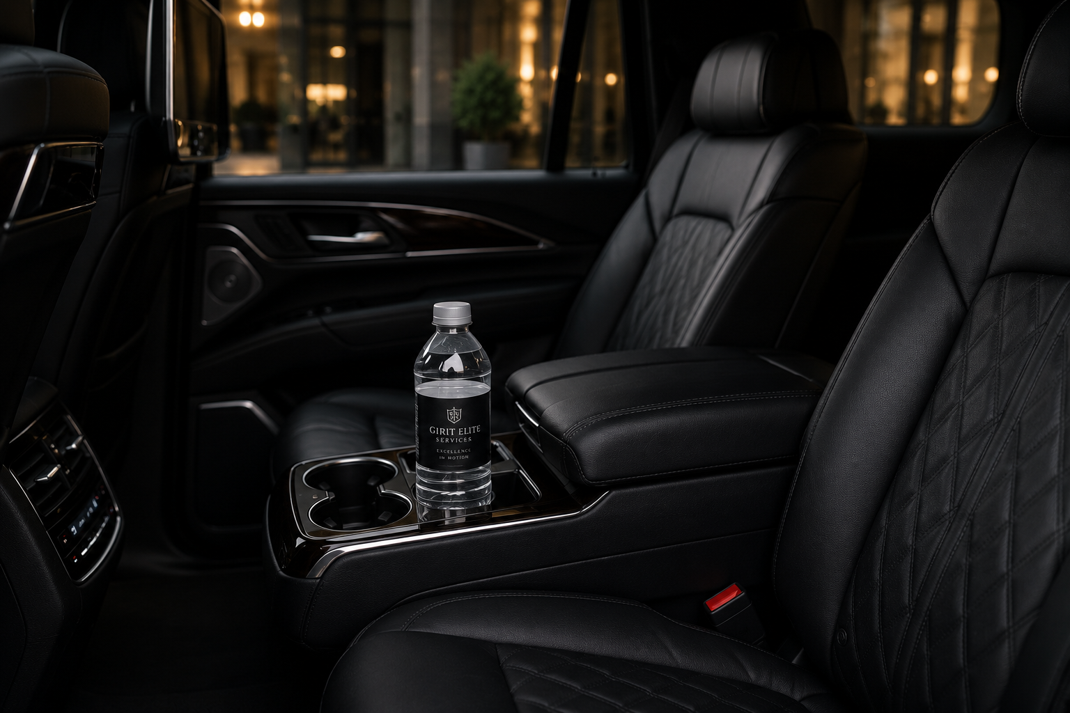 The interior of a luxury car with black leather seats and a center console, featuring a bottle of water labeled "Girit Elite Services" placed in a cup holder.