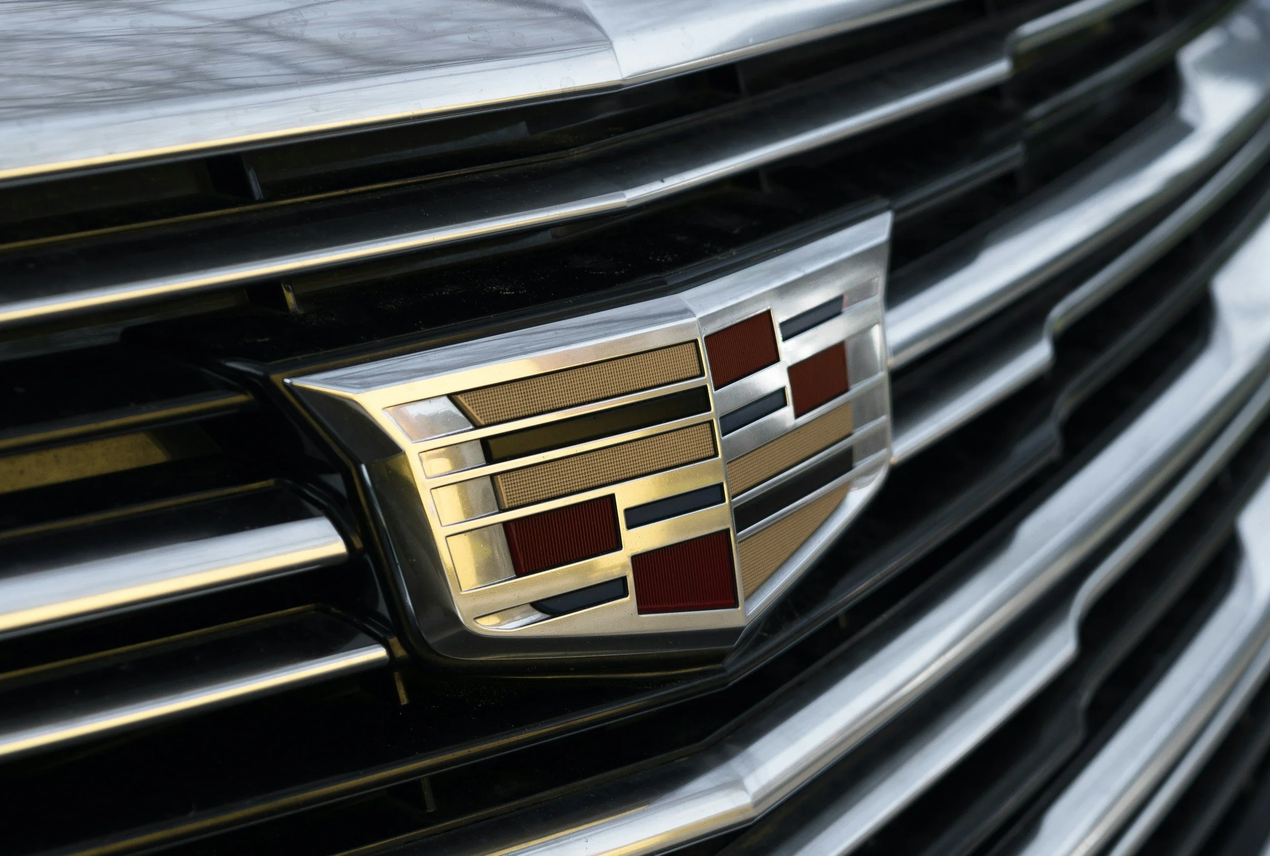 Close-up of a car grille with a Cadillac emblem.