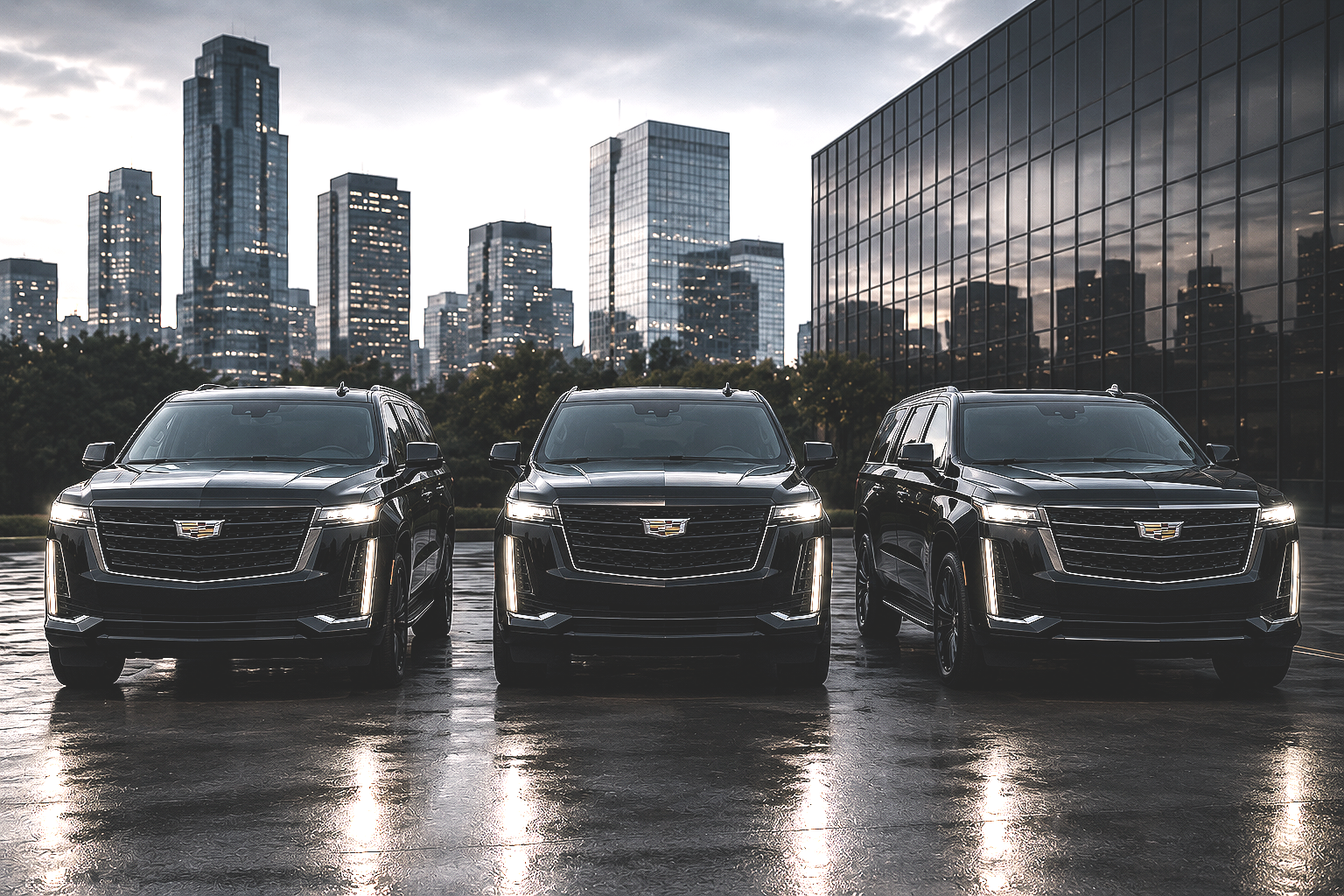 Three black Cadillac SUVs parked side by side on a wet city surface with tall skyscrapers and a glass building reflecting the cityscape in the background.