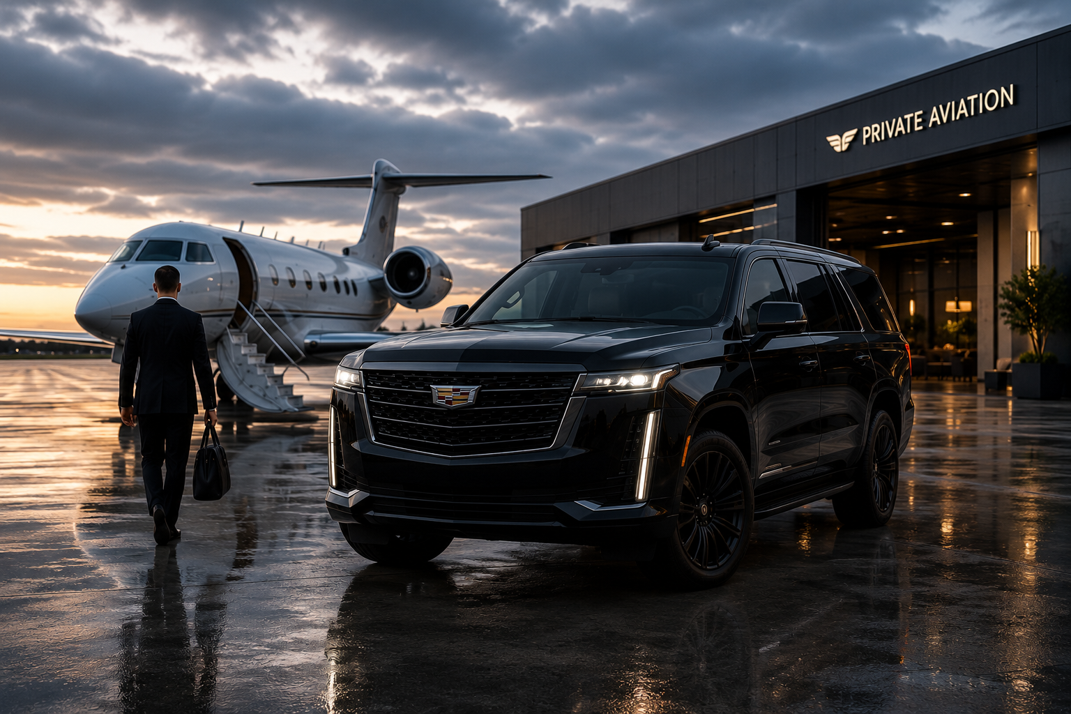 A man in a suit walking towards a private jet with stairs, parked next to a black Cadillac Escalade SUV on a wet tarmac at sunset, outside a private aviation hangar.
