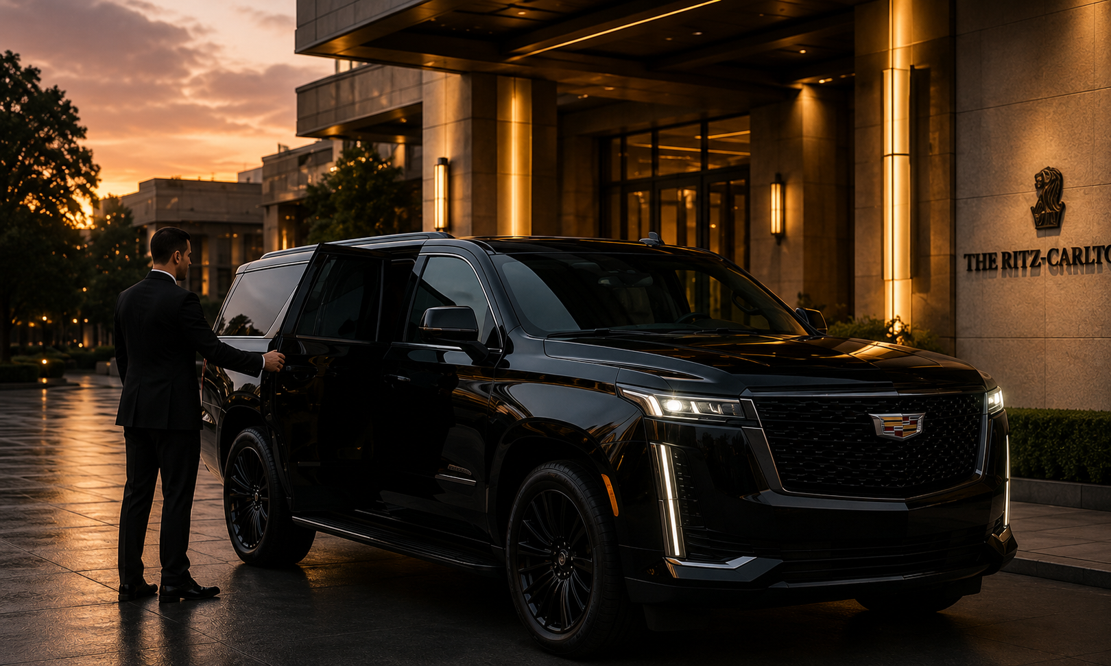A man in a black suit opening the door of a black Cadillac SUV in front of The Ritz-Carlton hotel during sunset.