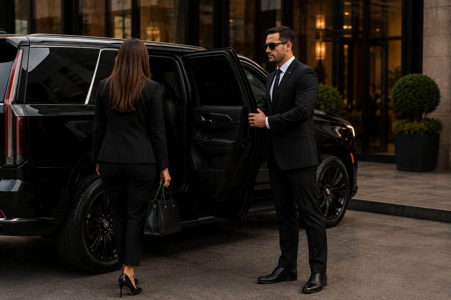 A man in a black suit and sunglasses helps a woman in a black suit into a black luxury SUV, holding the door open outside a modern building.