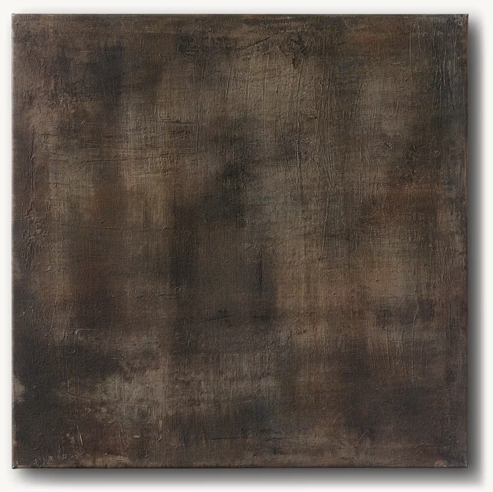 A dark, textured abstract painting with shades of brown and black.