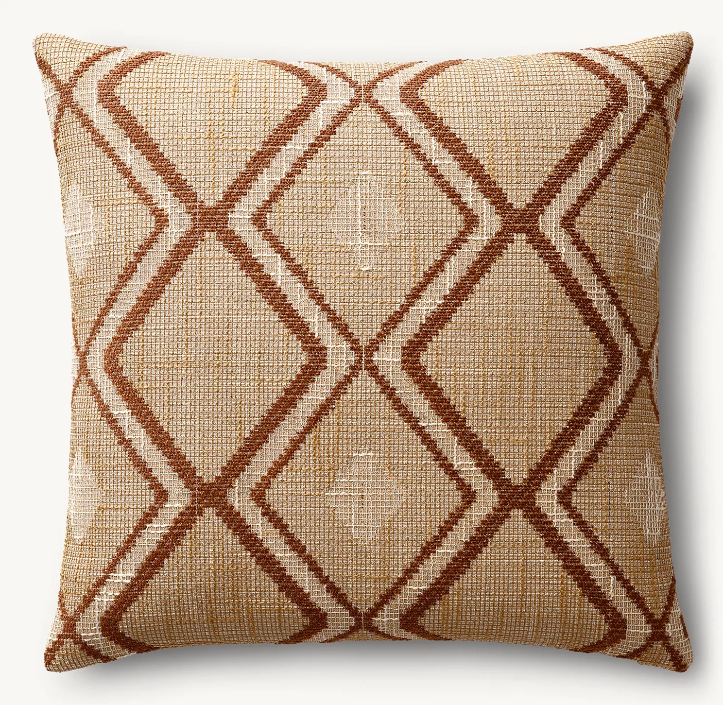 Decorative throw pillow with a geometric pattern of diamonds and lines in shades of brown and beige.