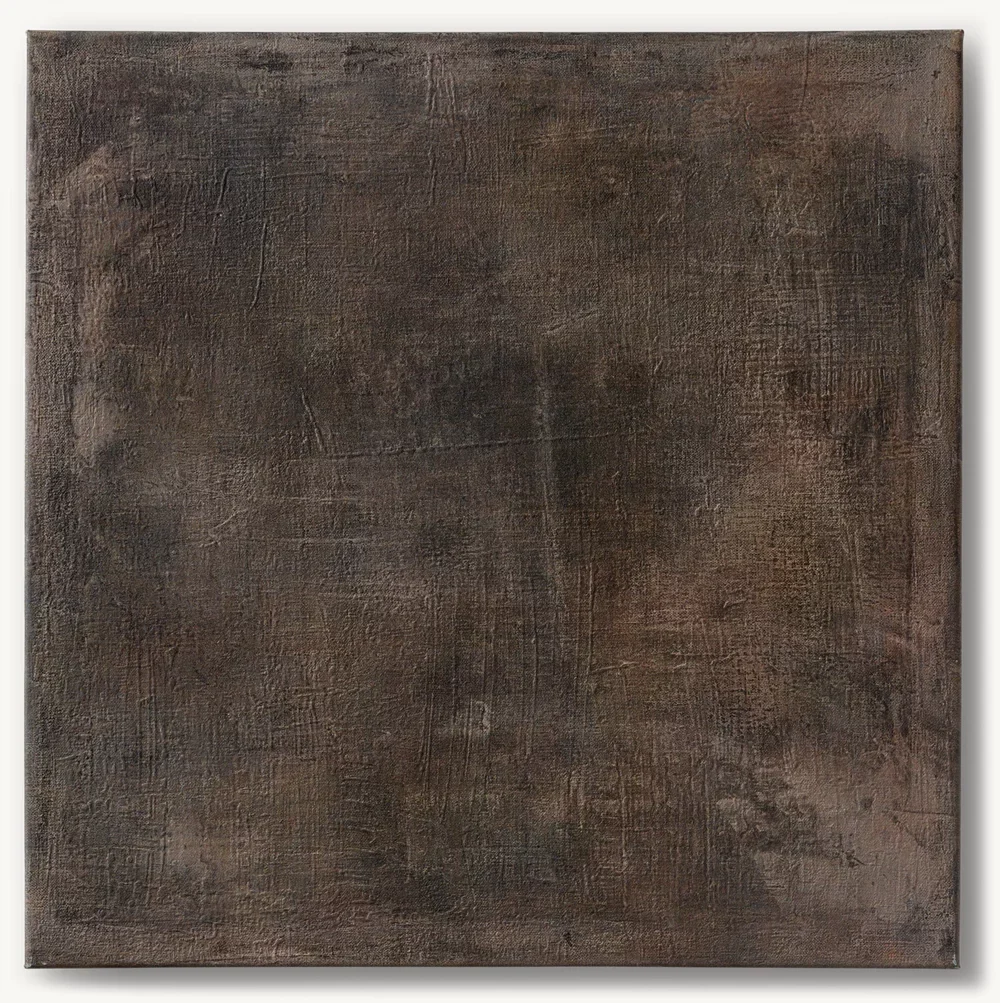 A textured, dark brown abstract painting with visible brushstrokes and subtle variations in shading.
