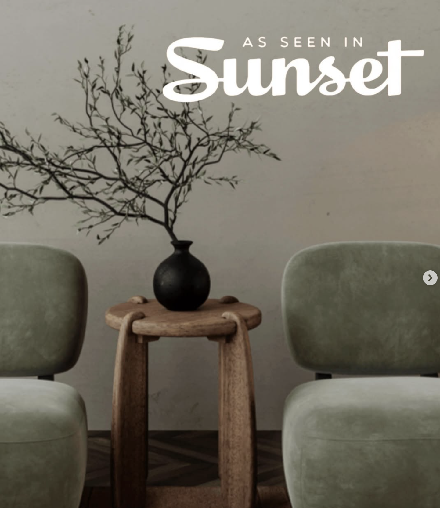 Decorative black vase with bare tree branches on a small wooden table between two light green chairs against a beige wall with white text that reads "As seen in Sunset".
