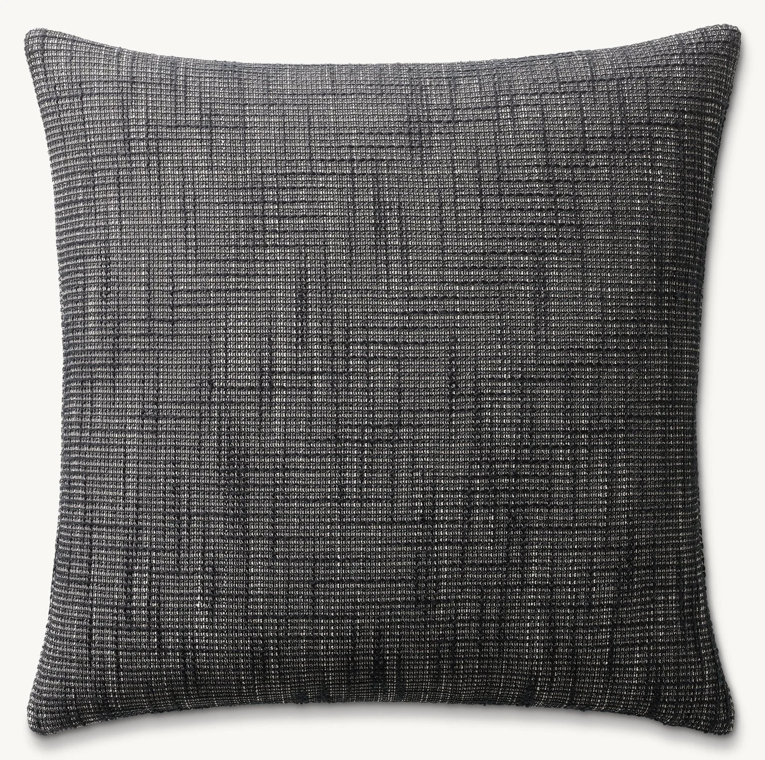 A square decorative pillow with a woven gray and black textured pattern.
