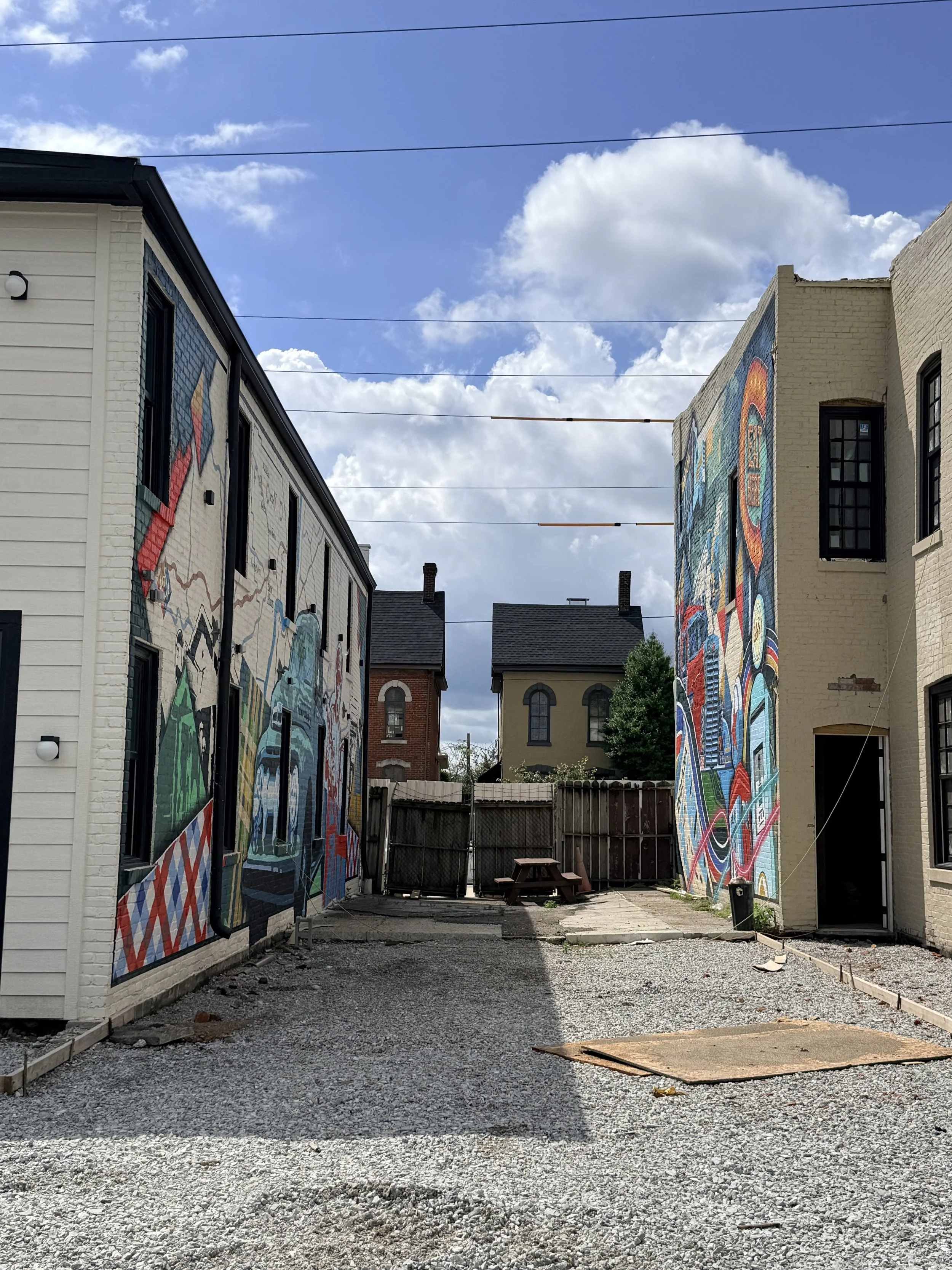 Alleyway between two buildings with mural paintings on the walls, gravel ground, some trash, and a wooden fence with houses in the background under blue sky with clouds.