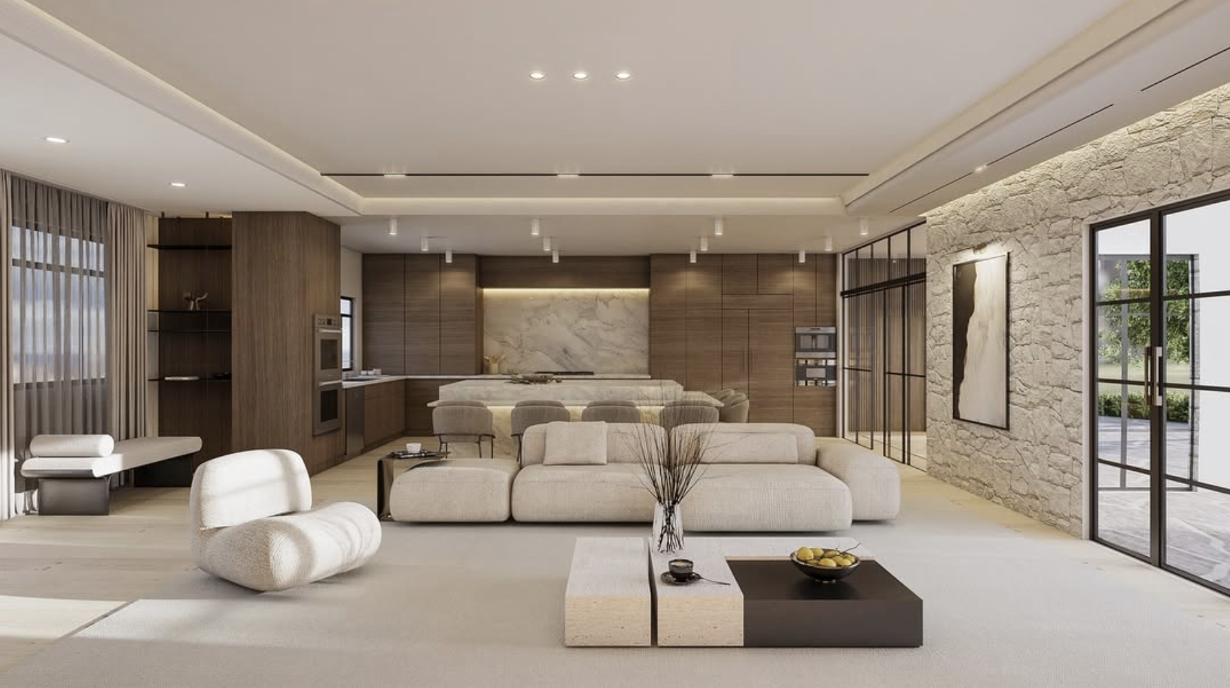 An image of an open space residence interior design, minimal chic.