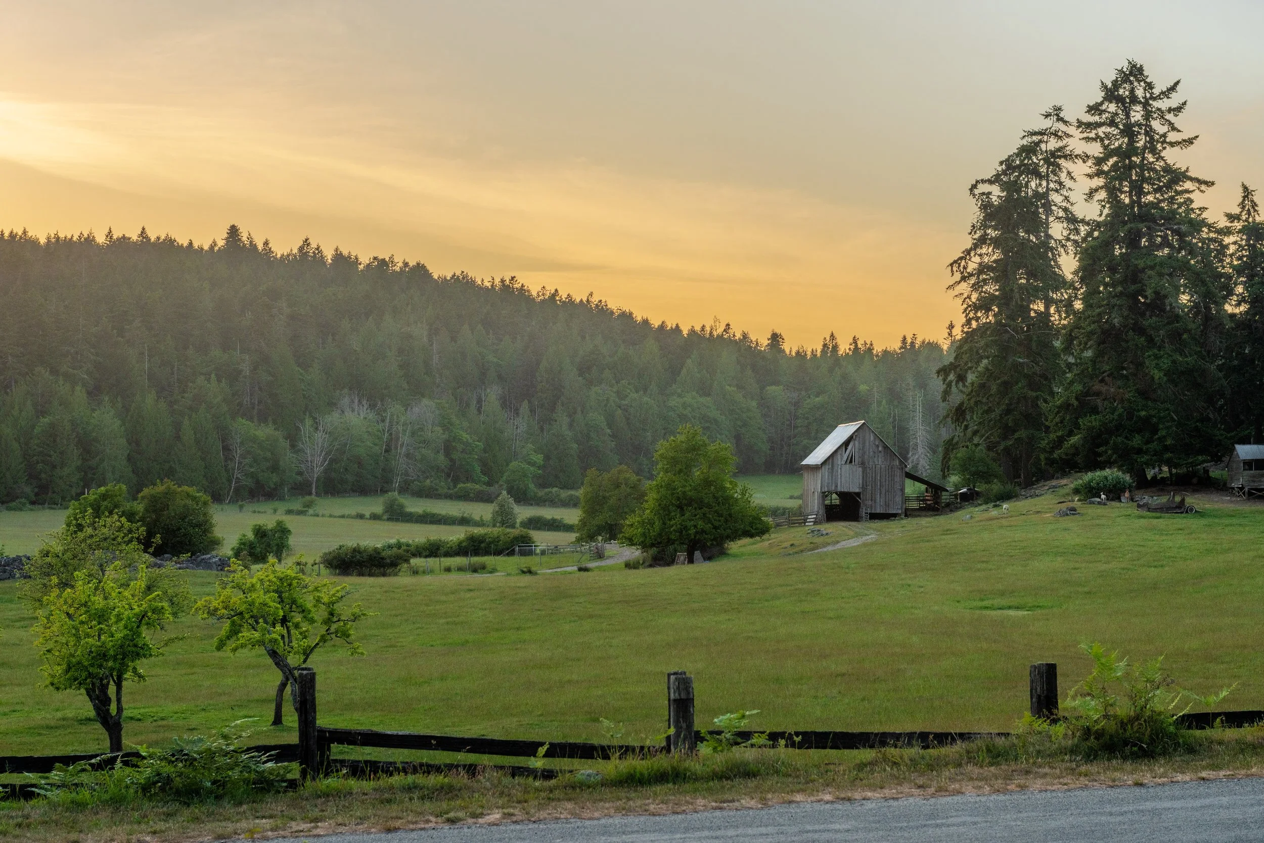 A rural landscape at sunset with a barn, rolling green fields, trees, and a forested hillside in the background.