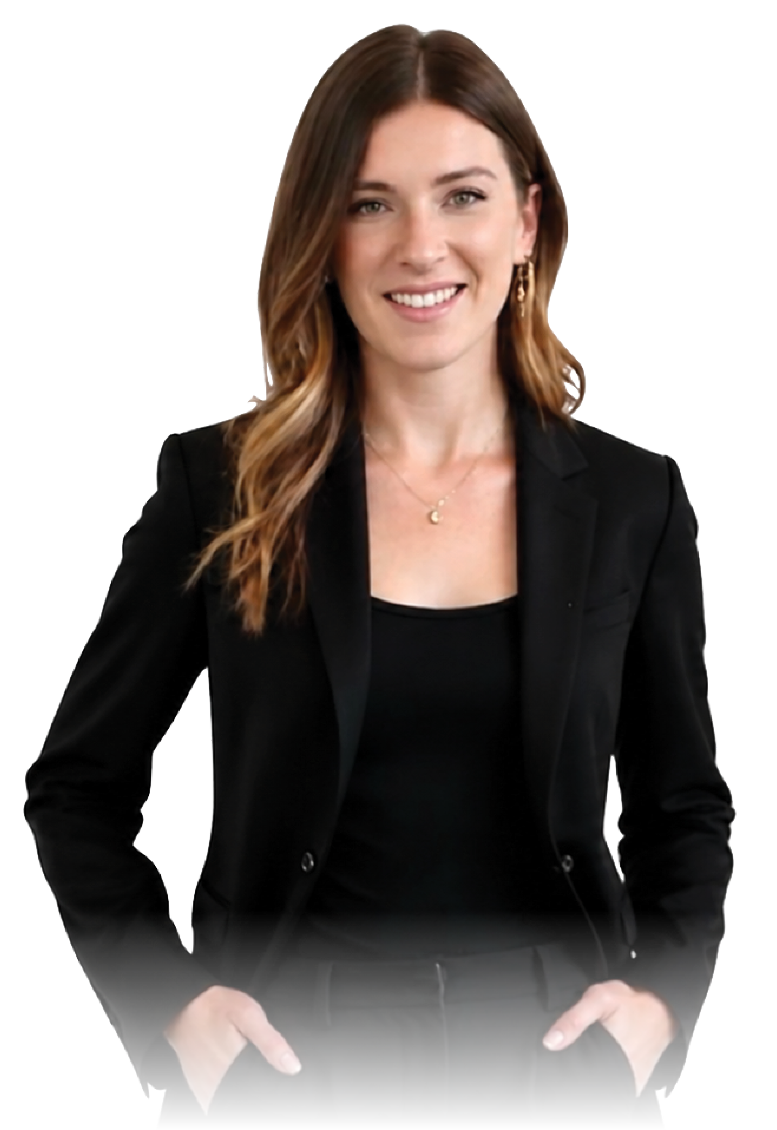A woman with long, wavy brown hair wearing a black blazer and black top, smiling with hands in her pockets, against a background that appears to be digitally edited.