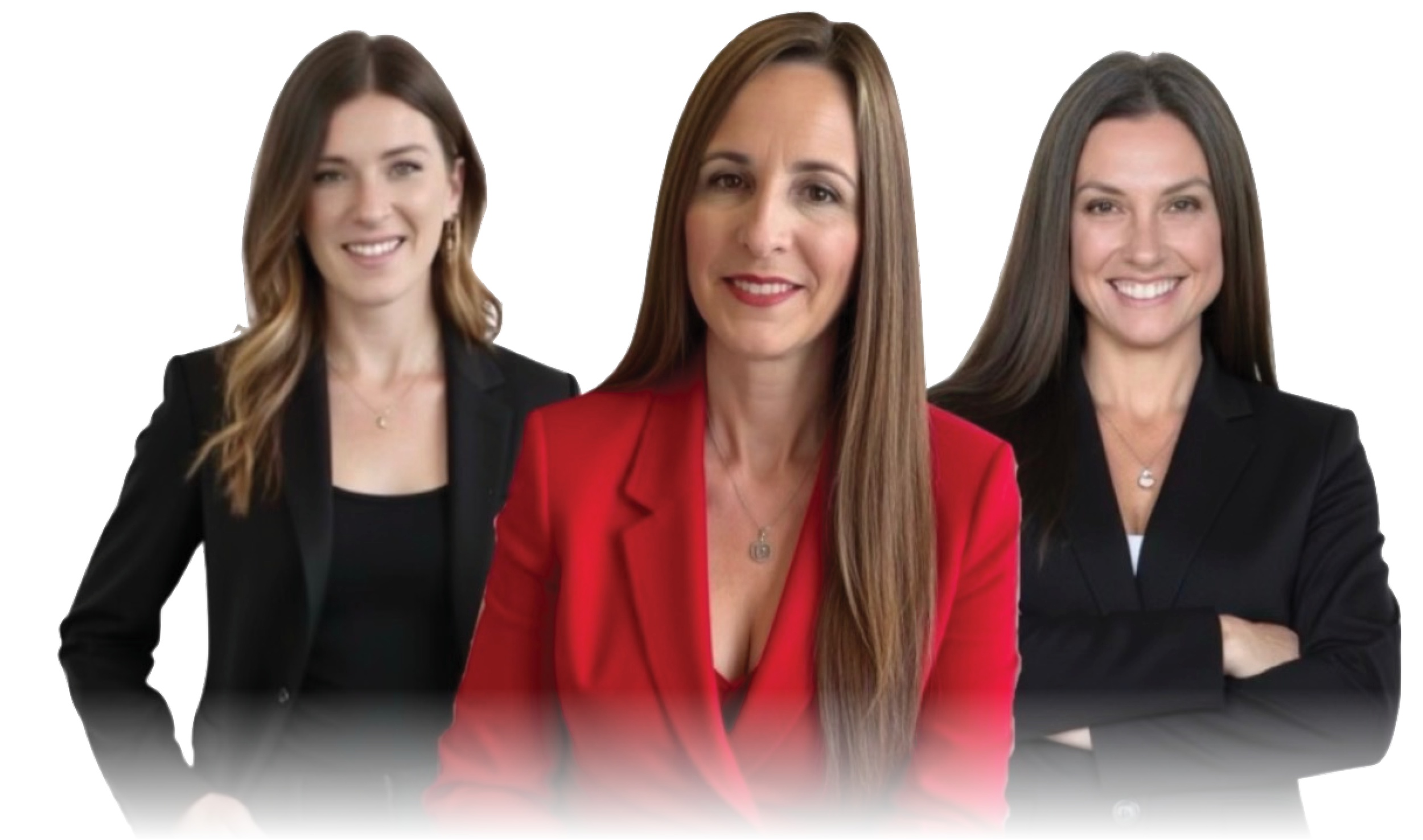 Three women in professional attire, one in a red blazer and the others in black blazers, standing together and smiling