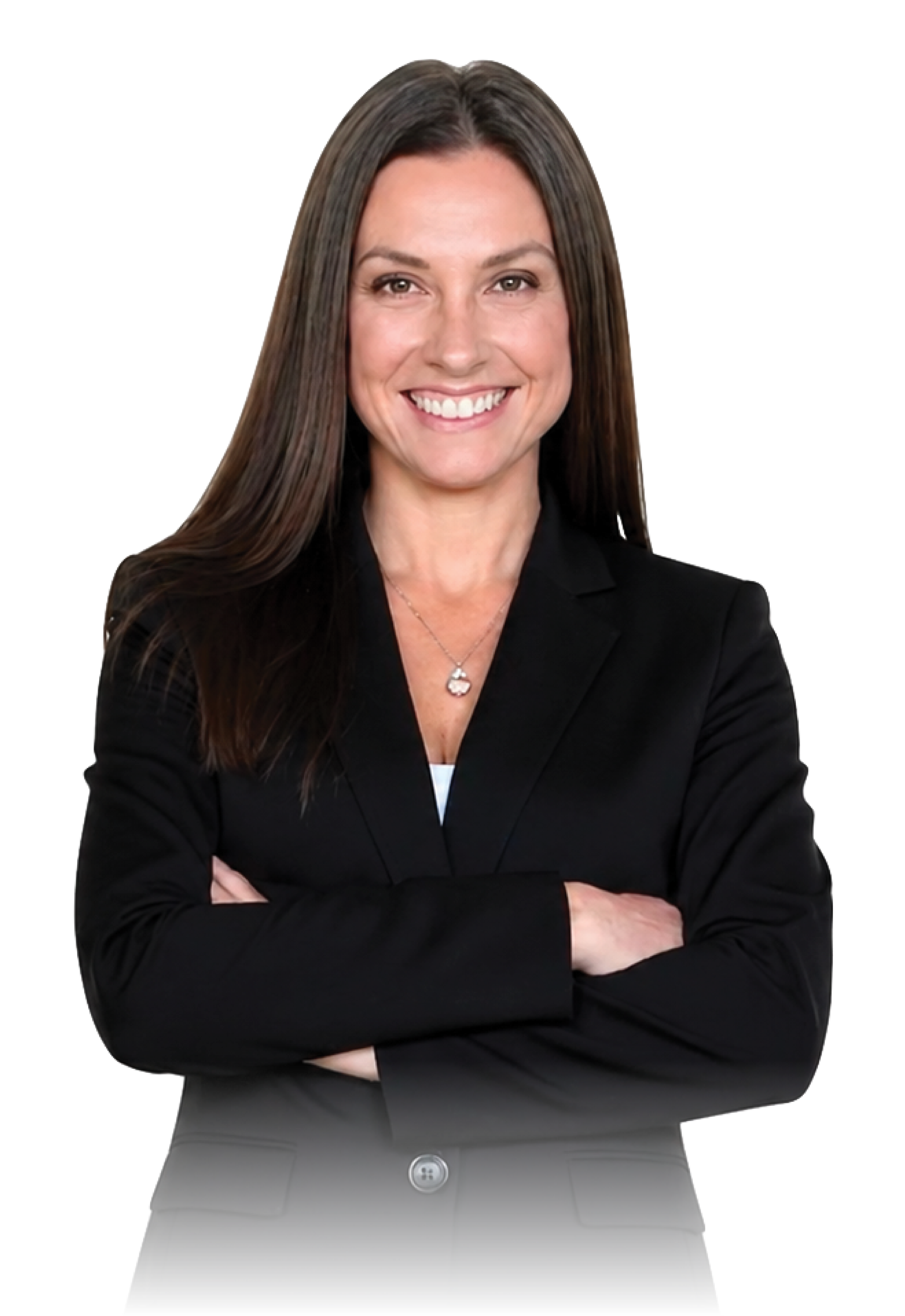 A woman with long brown hair wearing a black blazer and dress with arms crossed, smiling confidently against a black background.