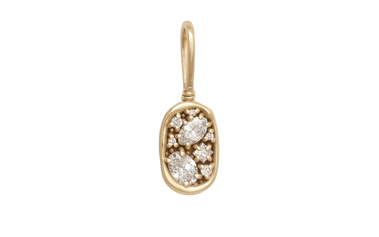 Gold pendant with multiple round-cut diamonds set inside.