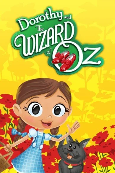 Cartoon illustration of Dorothy and her black dog from The Wizard of Oz, with the title in green and white lettering against a yellow background with red poppies and abstract trees.